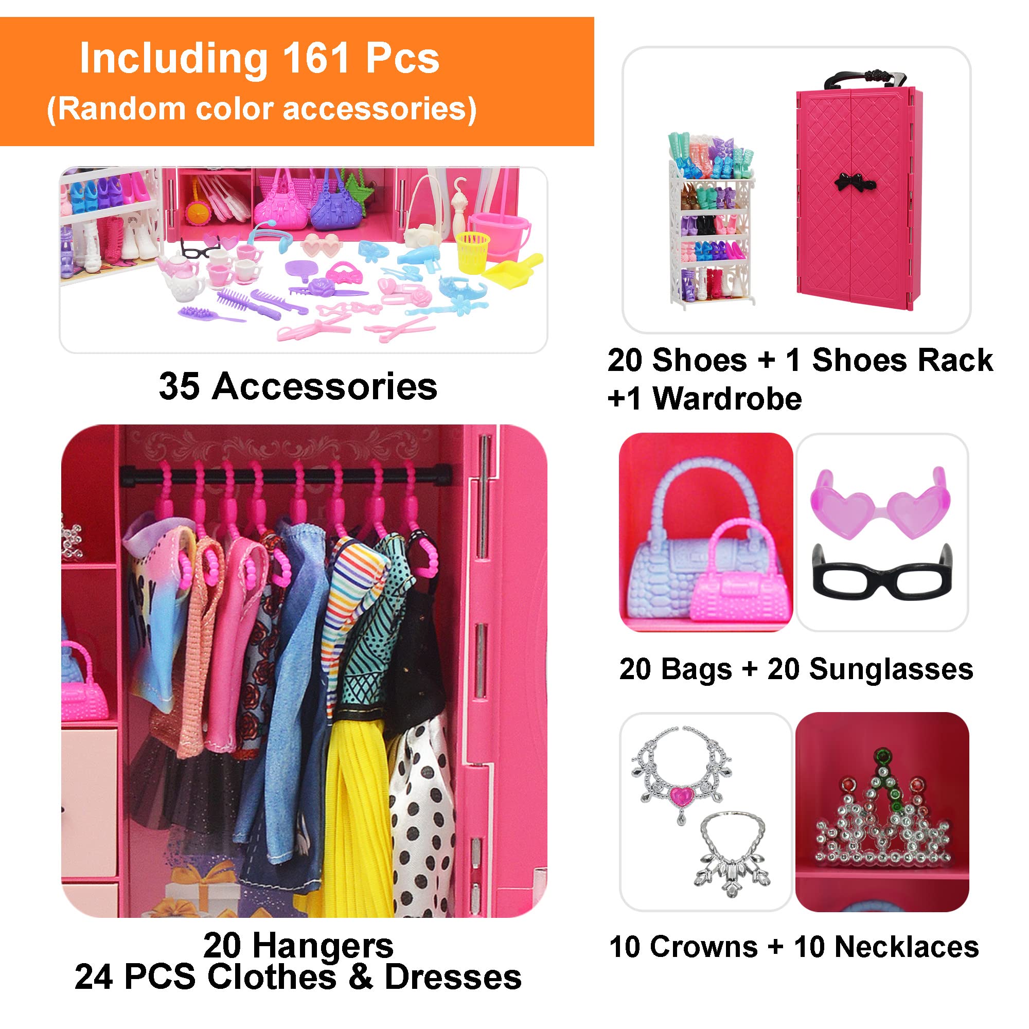 161 PCS 11.5 Inch Fashion Doll Wardrobe Set with Clothes, Shoes, Hangers & Accessories - Perfect for Pretend Play, Dress Up Games & Dollhouse Decor (Includes Dresses, Swimsuits, Crown, Necklace & More)