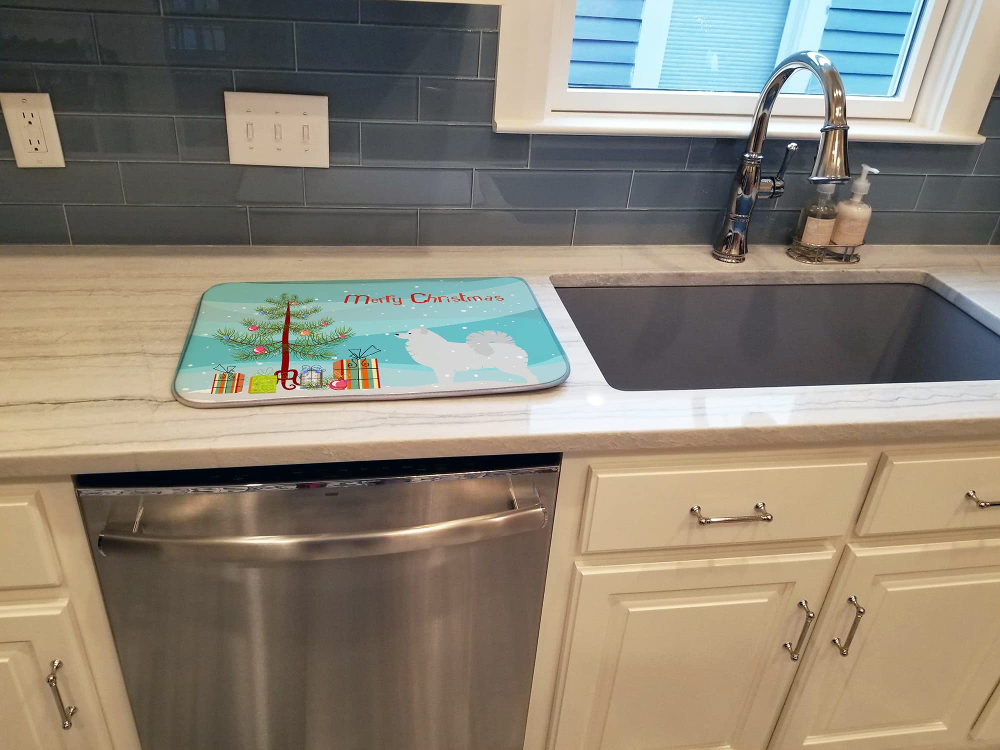 Samoyed Christmas Dish Drying Mat - Absorbent Kitchen Counter Pad for Holiday Decor