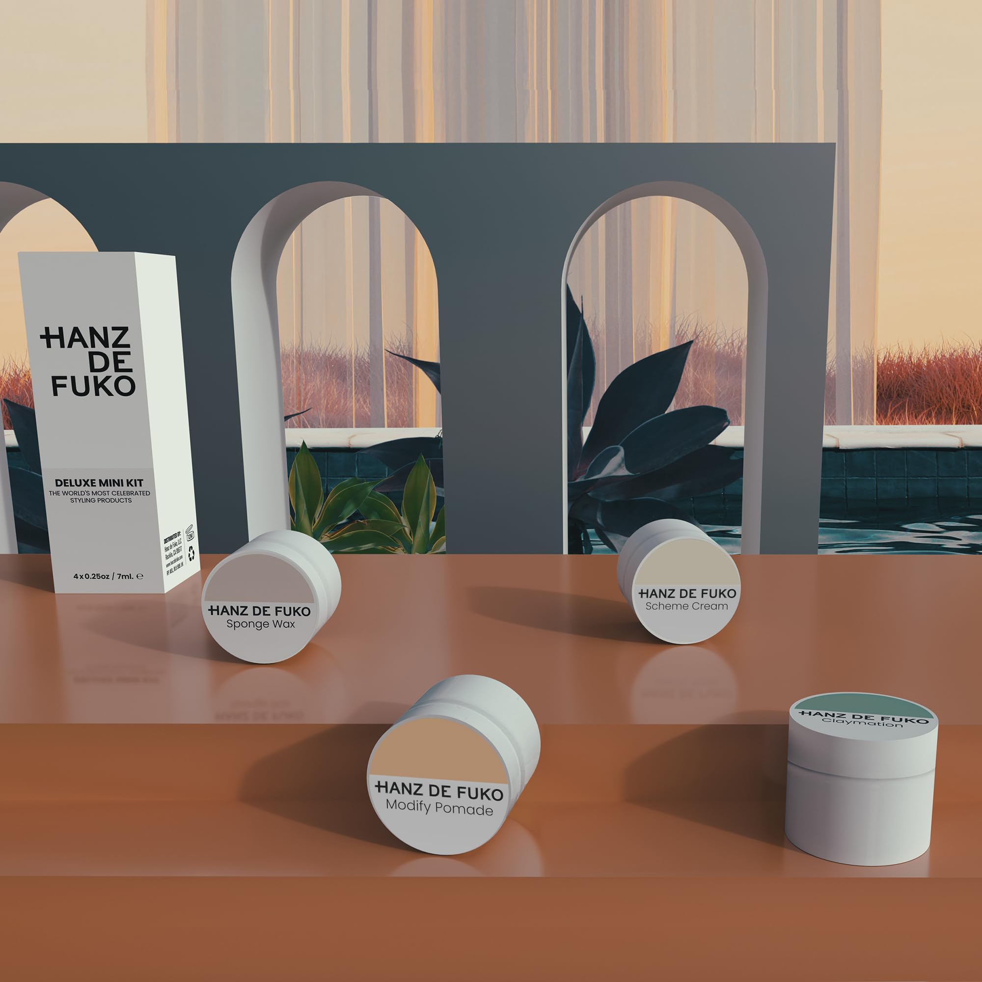 Hanz de Fuko Deluxe Hair Care Kit – 4-Piece Styling Sampler with Claymation, Sponge Wax, Modify Pomade & Scheme Cream (0.25oz Each) – Perfect for Travel, Gifts & Everyday Styling