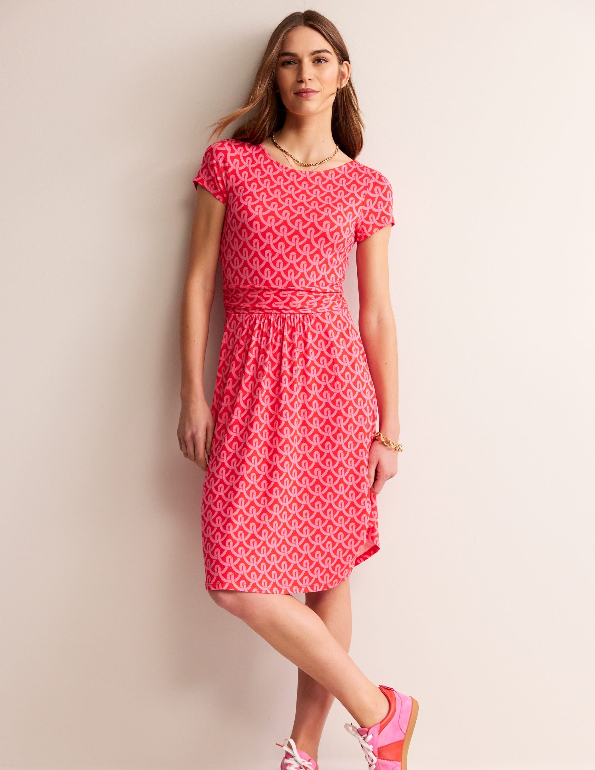Amelie Jersey Dress in Sangria Sunset & Geo Terrace Print - Flowy Casual Summer Dress for Beach, Vacation & Outdoor Events