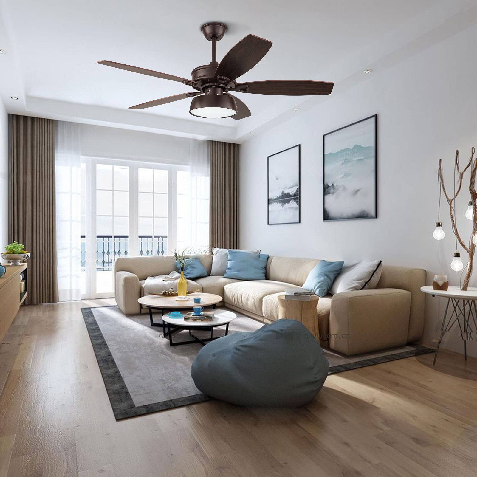52 Inch Low Profile Ceiling Fan with Light Kit & Remote Control - 5 Reversible Blades, 3 Lights, 3 Speeds - Oil Rubbed Bronze Finish - Perfect for Bedroom, Living Room, Office & Indoor Spaces