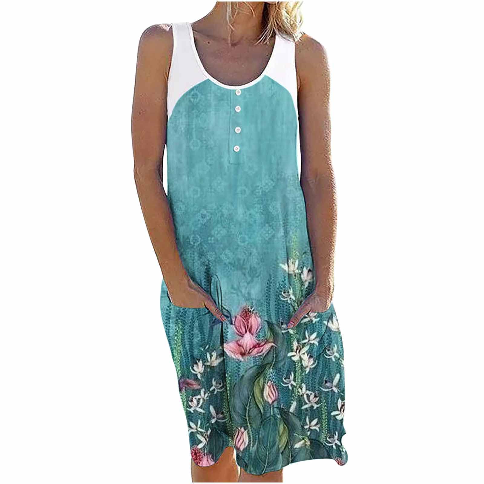 Women's Summer Sundresses - Casual Sleeveless Knee-Length Pleated Dress with Pockets, V-Neck Ruffles & Faux Wrap Design | Perfect for Beach Vacations, Pool Parties & Summer Outings