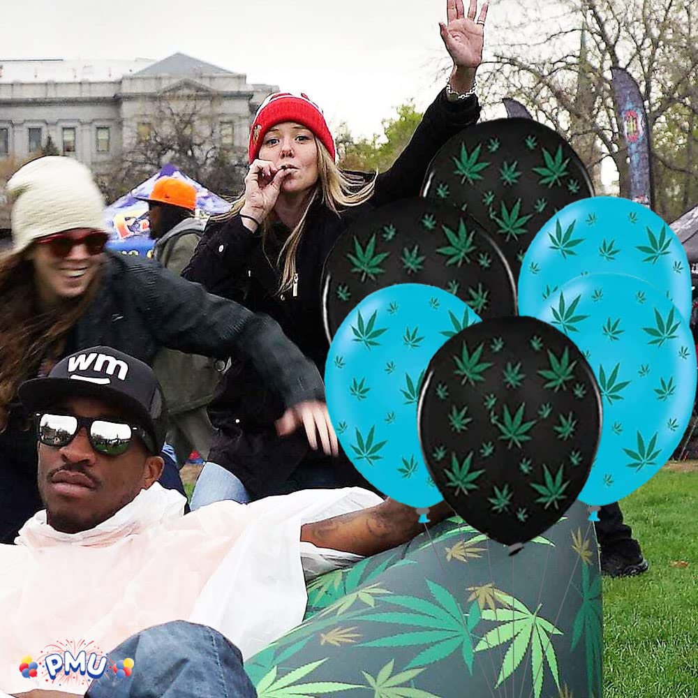 Premium 11in Black & Turquoise Marijuana Balloons with All-Over Green Leaf Print - Pack of 50 for Stoner Parties, 420 Celebrations & Cannabis-Themed Events