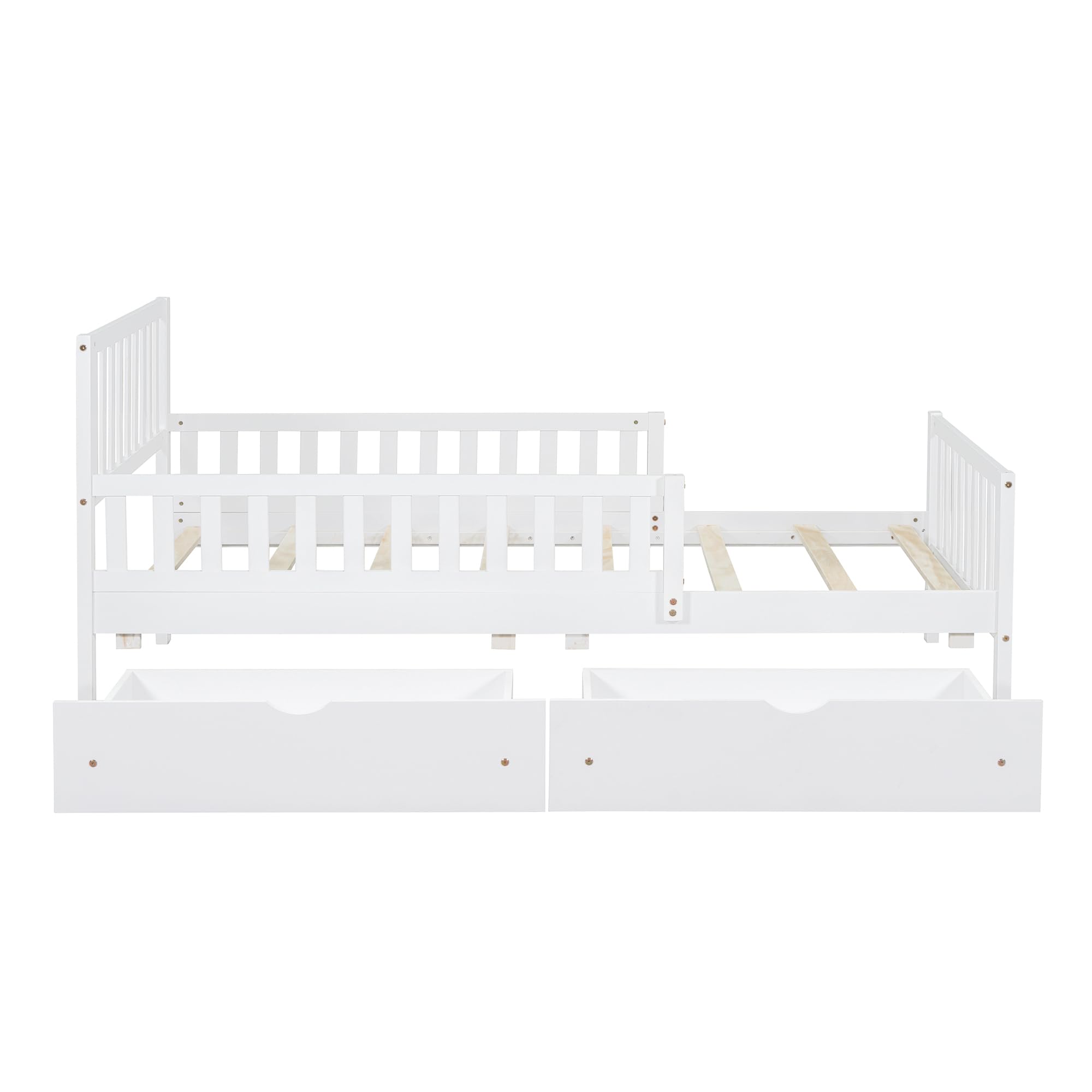 White Twin Size Kids Bed with Guardrails - Low Platform Bed Frame with Headboard, Footboard & 2 Storage Drawers - Safe Children's Bed for Boys & Girls - Perfect for Small Bedrooms, Guest Rooms & Kids' Shared Spaces