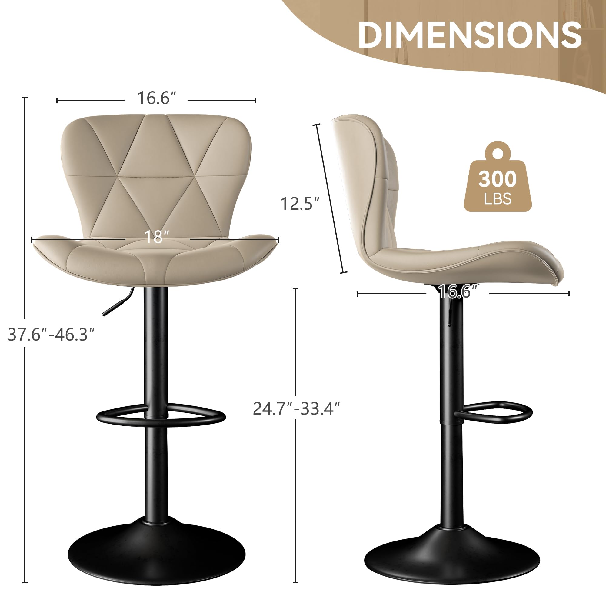 Adjustable Swivel Bar Stools Set of 2 - Faux Leather Upholstered Counter Height Bar Chairs with High Backrest for Kitchen Island, Dining Room & Home Bar (Khaki) - Perfect for Entertaining, Breakfast Nooks & Modern Kitchen Decor