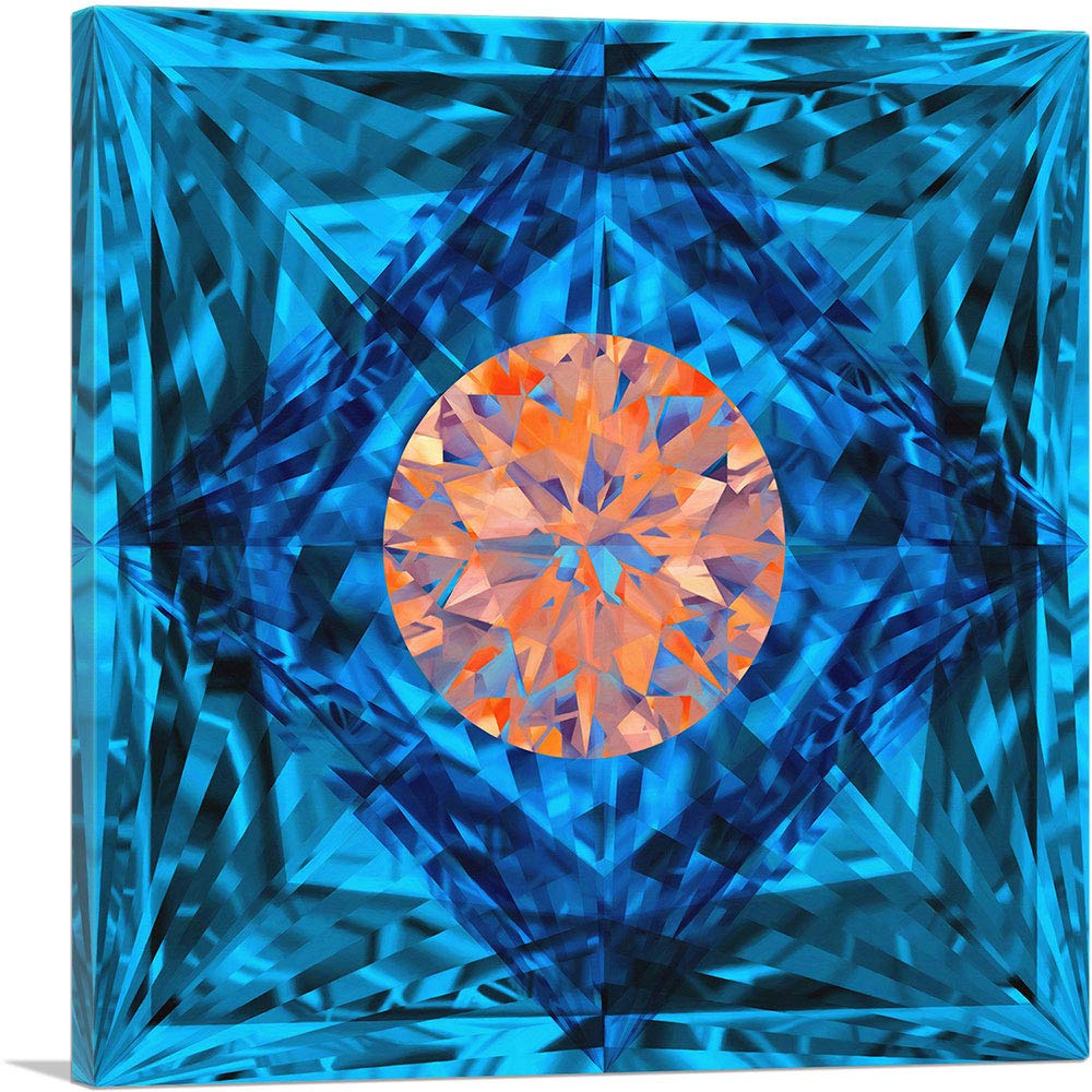 Blue Orange Princess Cut Diamond Jewel Canvas Art Print - 26x26 Inch Stretched Framed Painting, Giclee Wall Decor for Living Room, Bedroom & Office | Modern Abstract Artwork for Home Decoration