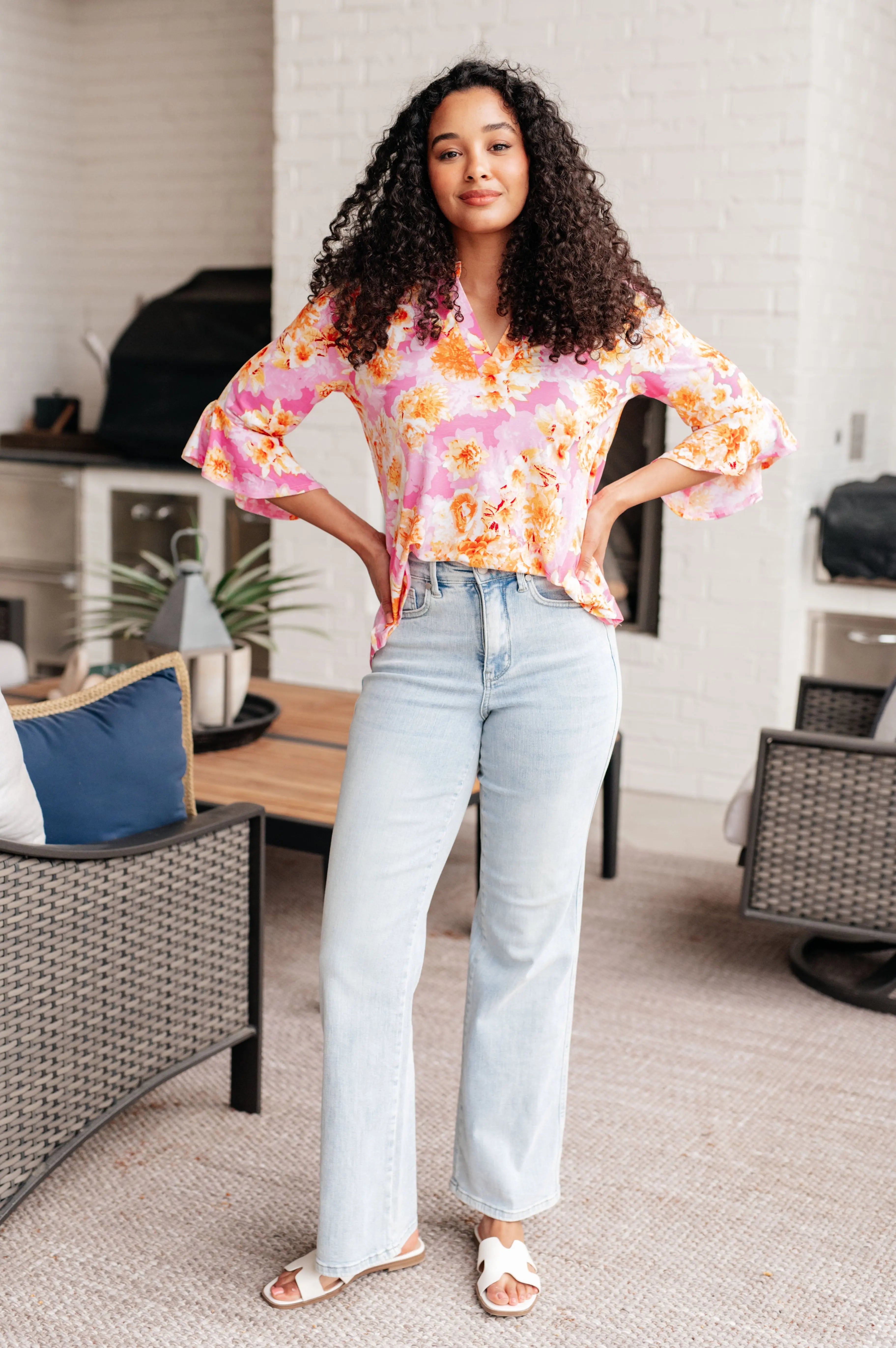 Lizzy Bell Sleeve Blouse - Pink & Gold Floral Print Women's Tops for Casual Wear, Office, and Date Night Outfits