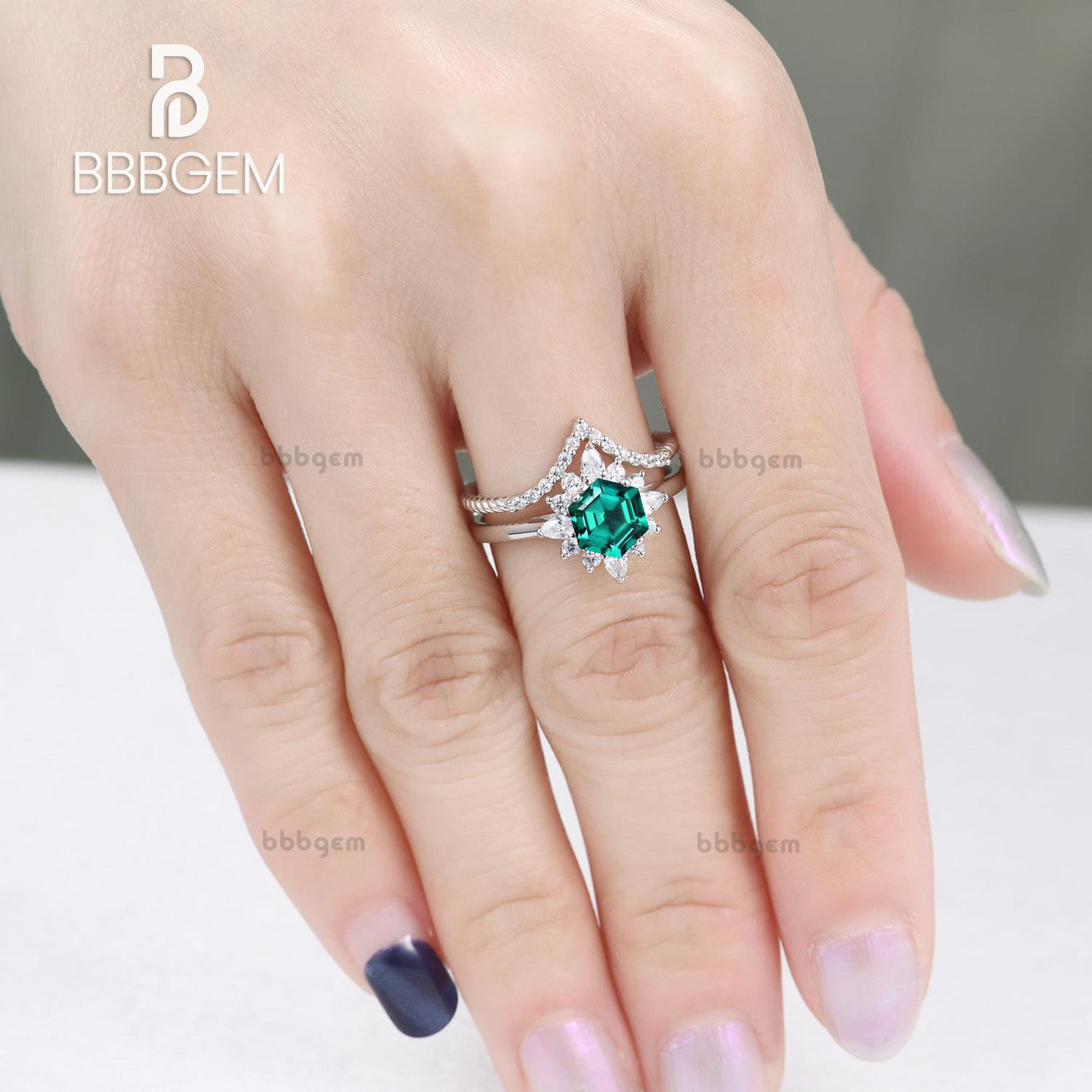 Hexagon Lab Emerald Silver Ring Set - White Gold Plated Curved Elongated Rope Diamond Chevron Band for Women - Perfect for Weddings, Anniversaries & Special Occasions