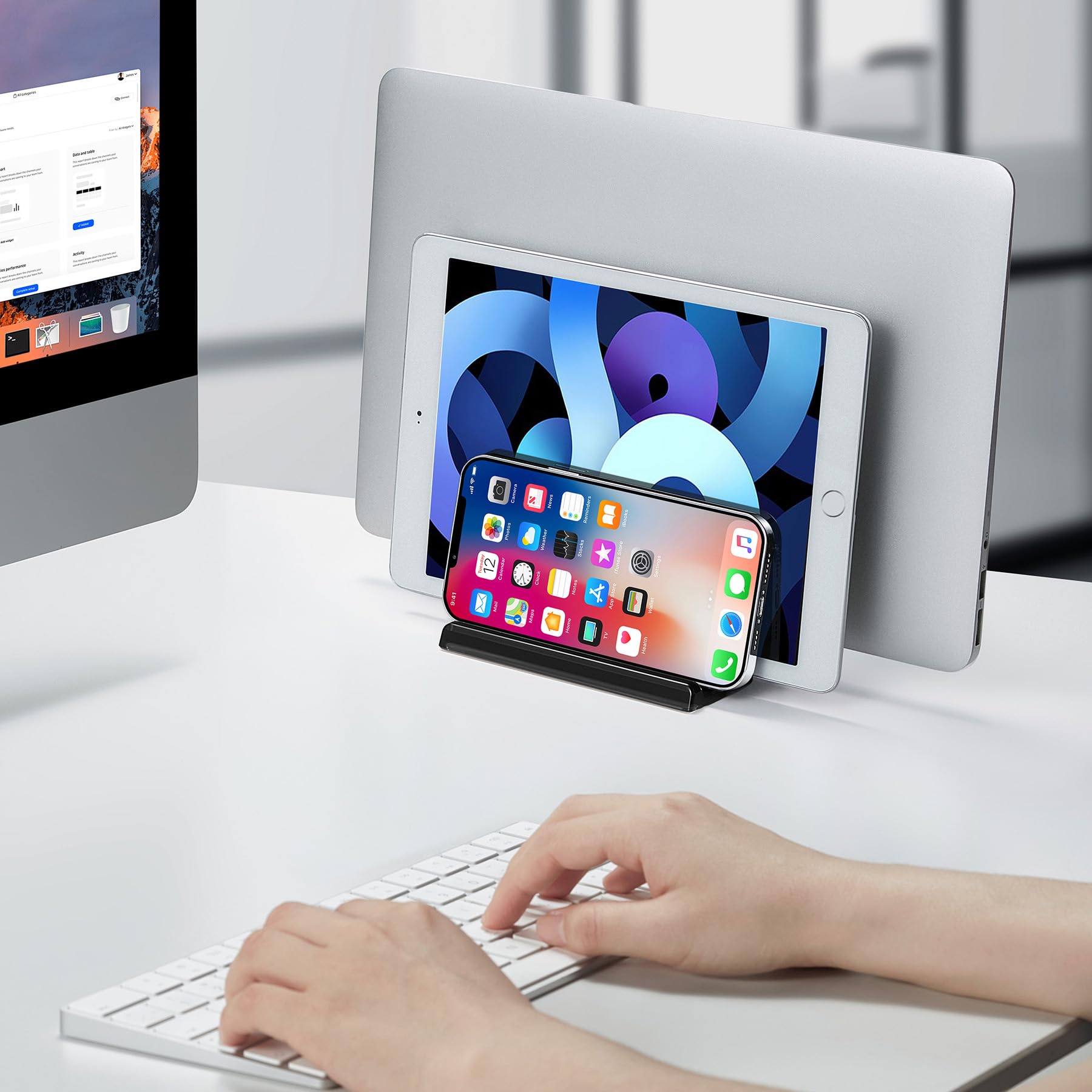 Premium Acrylic 3-Slot Vertical Laptop Stand - Space Saving Desktop Organizer for MacBook, Laptop, Tablet & Phone (Black) - Perfect for Home Office, Workspace & Dorm Room Organization