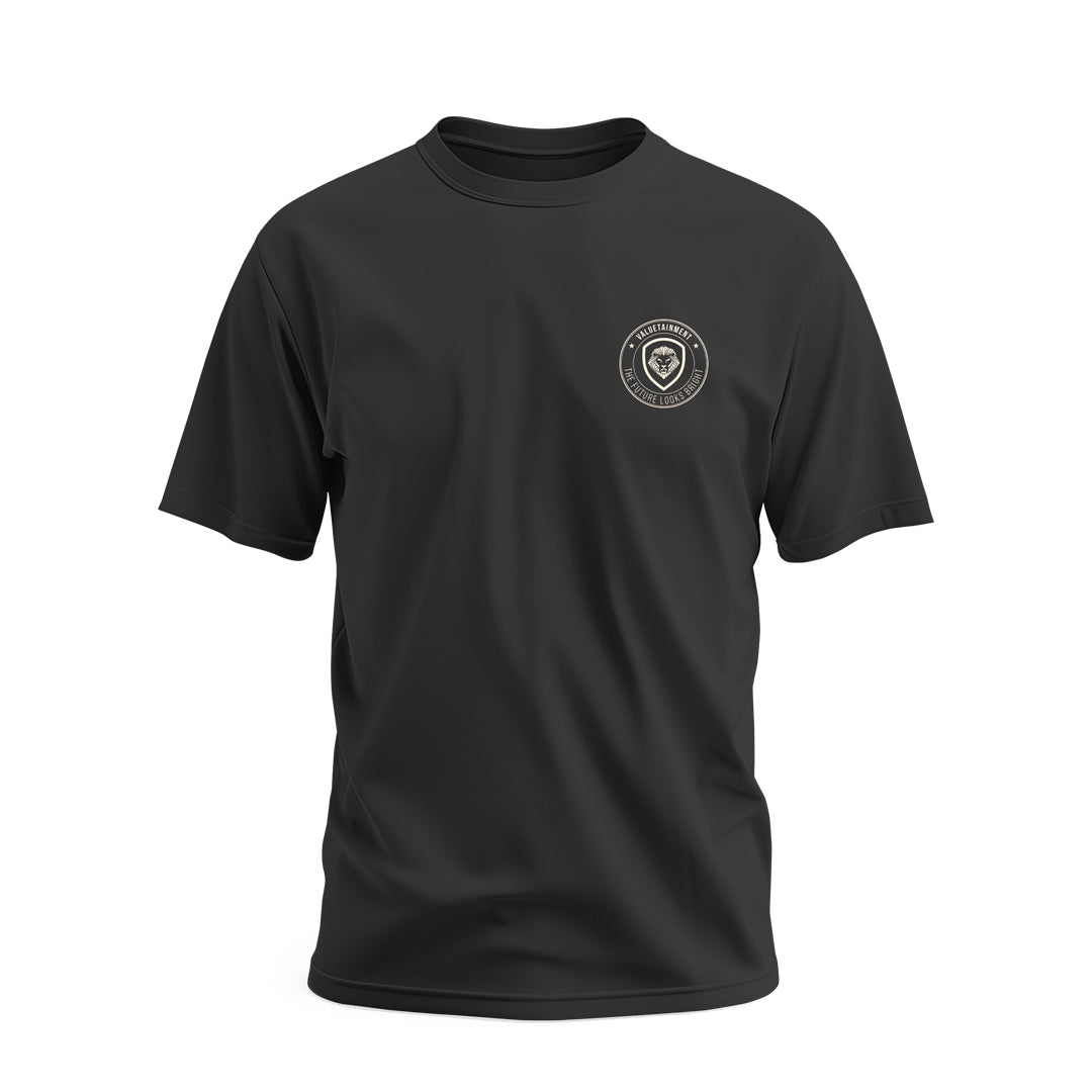 Future Looks Bright Black Valuetainment Lion Shield Flag Short Sleeve T-Shirt - Motivational Workout & Gym Apparel for Men