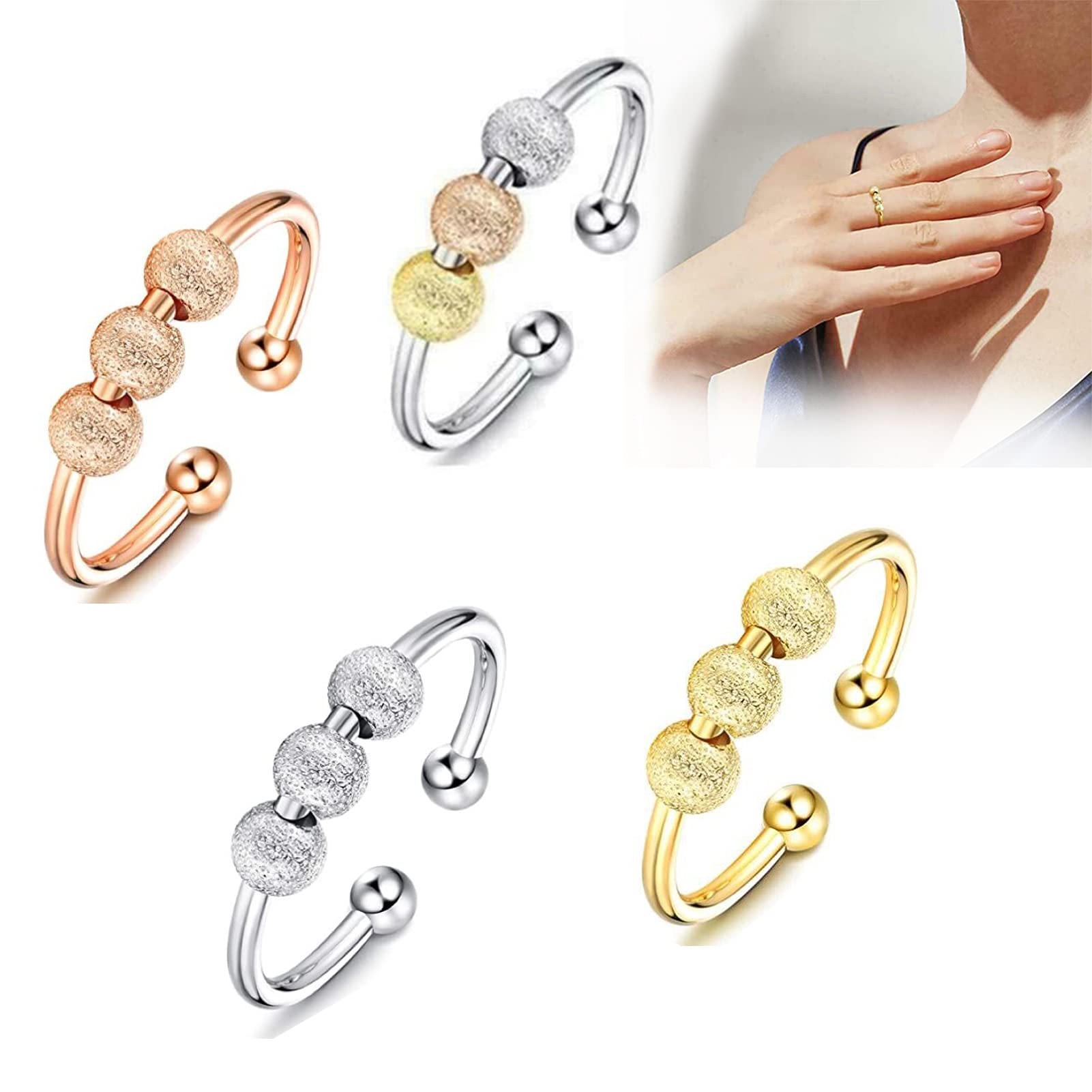 2Pcs/4Pcs Anxiety Relief Fidget Rings for Women - Stress Reliever Spinner Rings with Rotating Beads for ADHD, Anxiety & Focus - Perfect for Office, Travel and Daily Stress Management