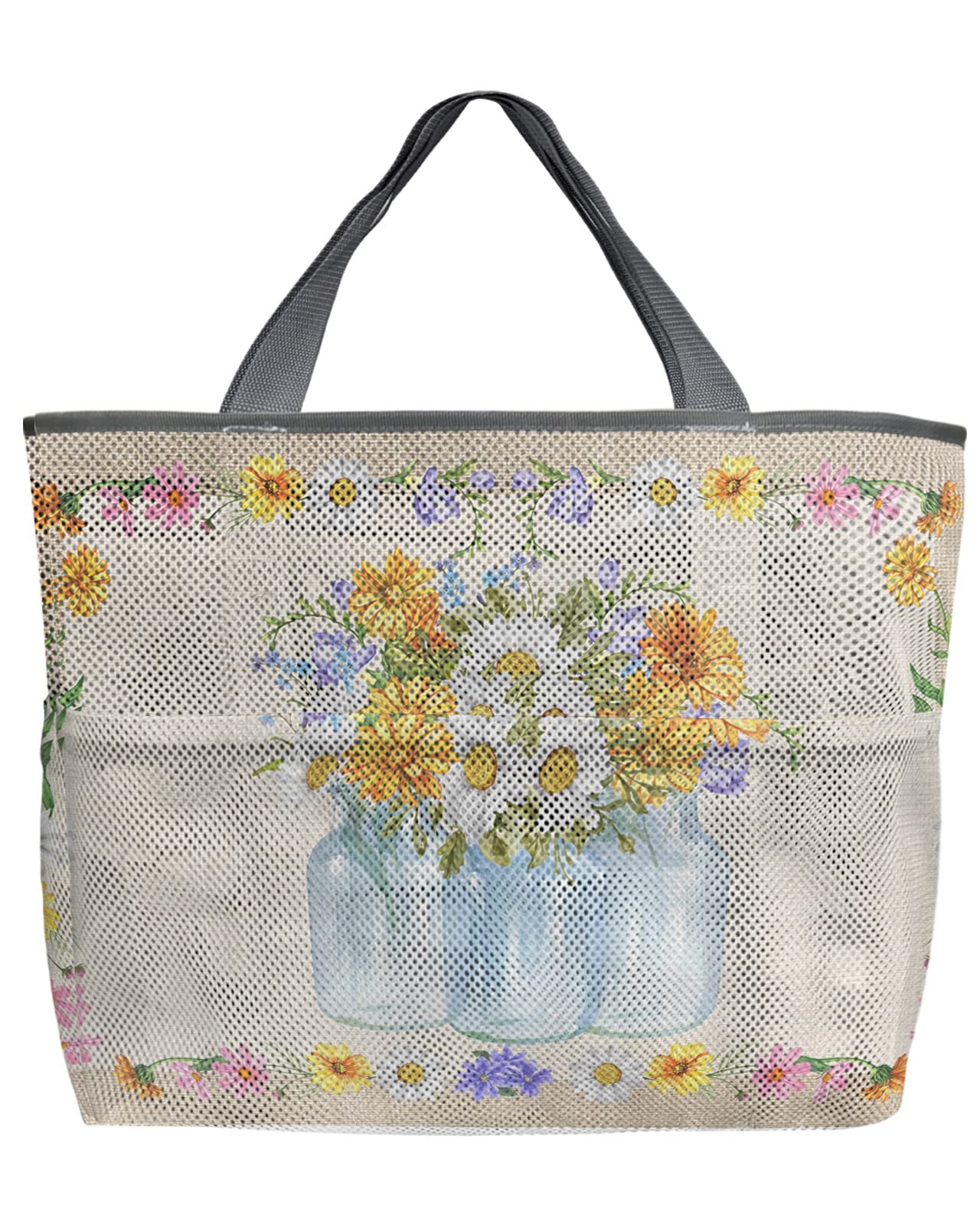 Large Mesh Beach Tote Bag - 60L Oversized Quick-Dry Swim Bag with Pockets | Foldable Lightweight Spring Daisy Design | Perfect for Pool, Beach, Grocery Shopping & Summer Outings (24