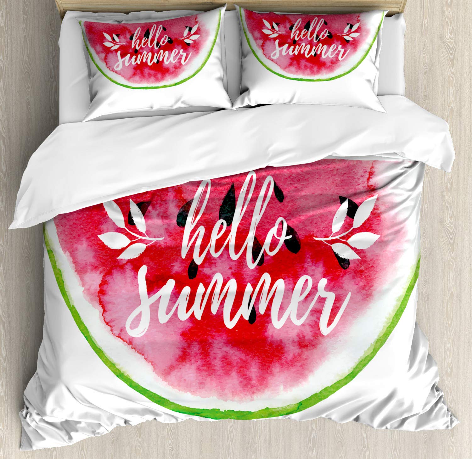 Ambesonne Lifestyle King Size Duvet Cover Set - Watercolor Watermelon & Summer Motivation Print, 2 Duvet Covers & 4 Pillowcases, Red & Green Bedding for Summer Home Decor | Perfect for Guest Rooms, Vacation Homes & Seasonal Bedroom Refresh