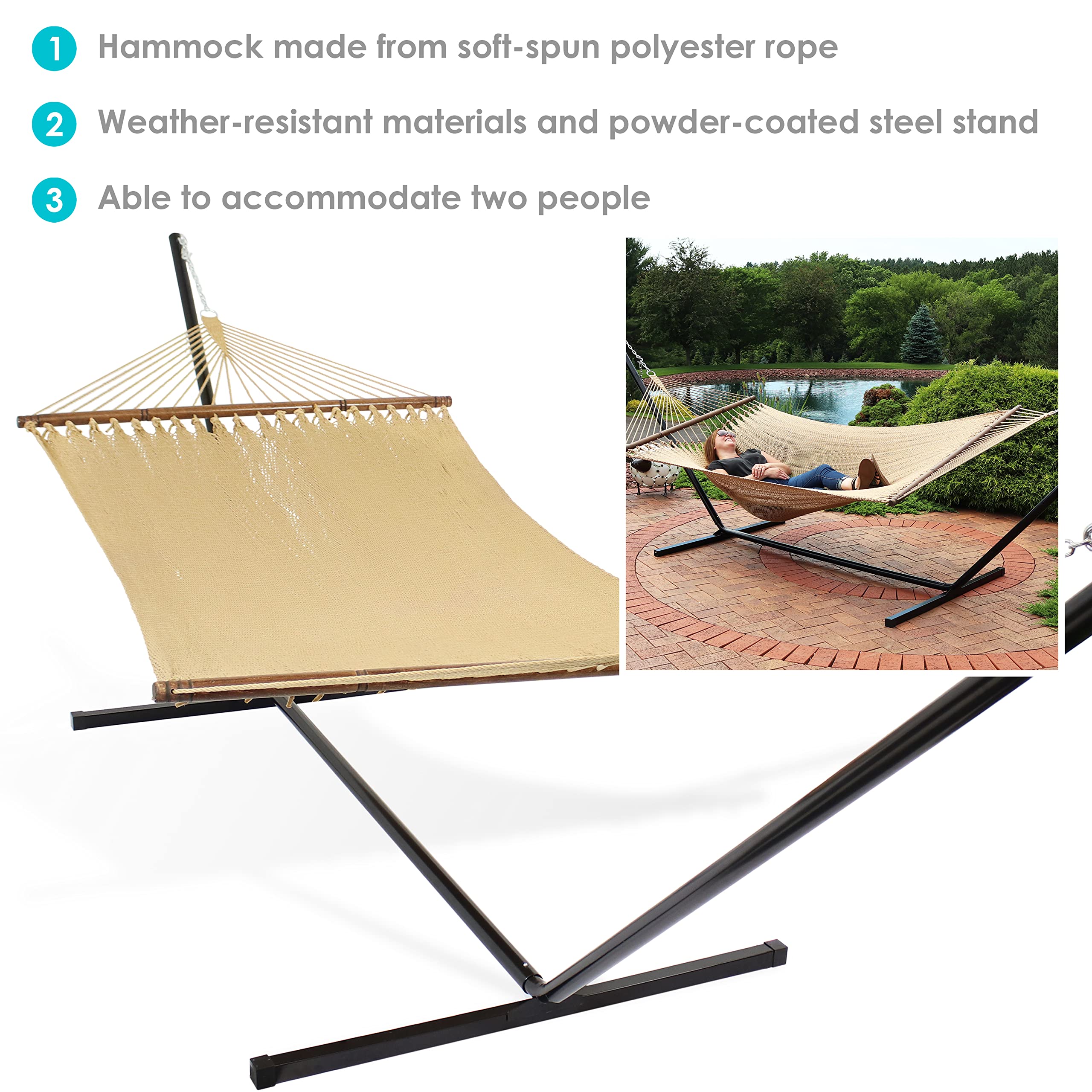 Sunnydaze 15-Foot Steel Stand Double Hammock with 400lb Capacity - Durable Polyester Rope & Black/Tan Design - Perfect for Backyard, Patio, Camping & Outdoor Relaxation