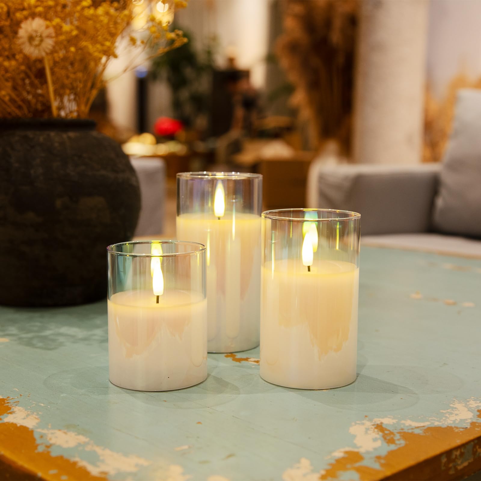 Gradient Glass Flameless Candles - Remote LED Candles Set of 3 for Home Decor & Parties