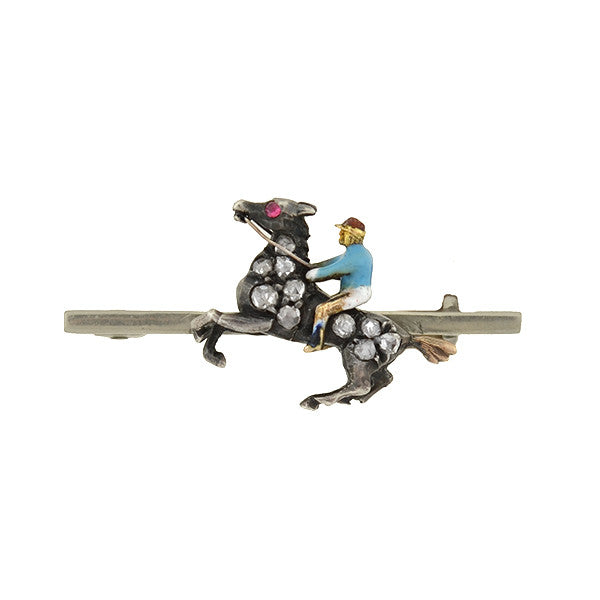 Antique Victorian Silver Diamond & Enamel Horse Racing Jockey Brooch Pin - Elegant Vintage Jewelry for Collectors, Gifts & Equestrian Fashion Accessories