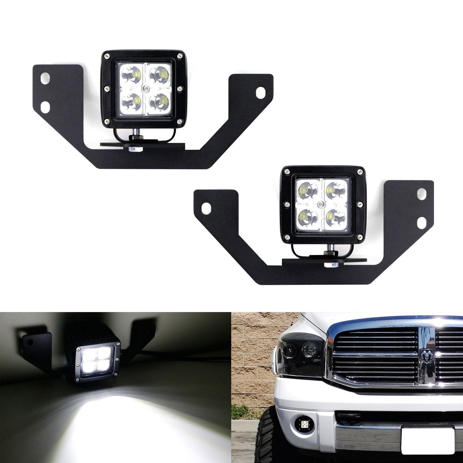 40W CREE LED Pods with Fog Light Opening Mounting Bracket & Wiring Kit - Compatible with 2002-2008 Dodge RAM Trucks - Perfect for Off-Roading, Night Driving & Emergency Lighting