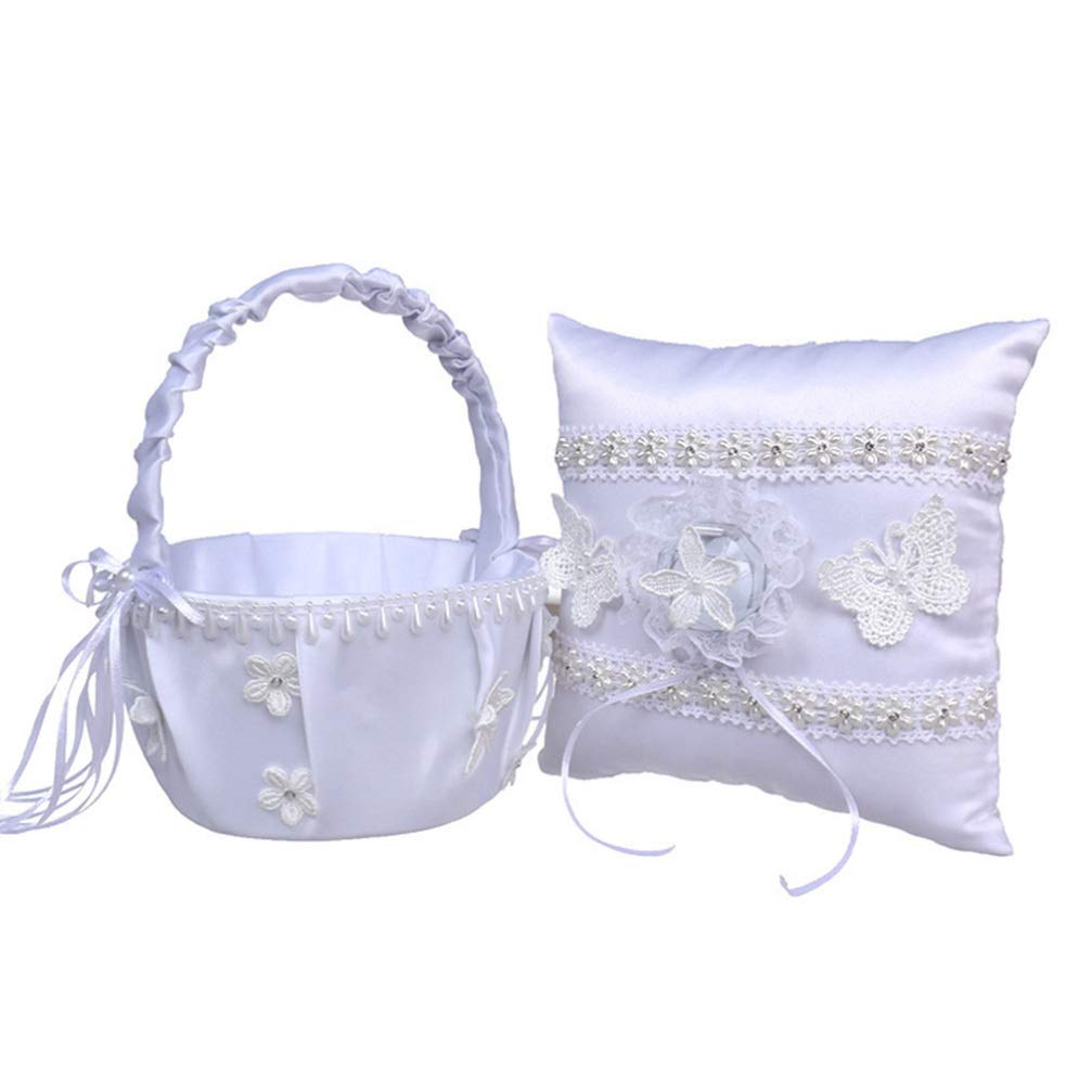 TENDYCOCO White Vintage Lace Wedding Flower Girl Basket - Rose Ring Pillow Holder for Engagement Ceremony, Bridal Shower & Wedding Decor - Perfect for Ring Bearers, Petal Scattering & Vintage Theme Weddings