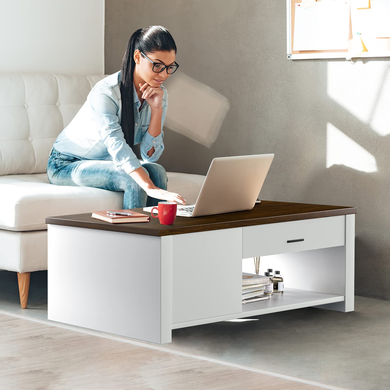Giantex Modern Coffee Table with Drawers & Open Storage, Rectangular Center Table for Living Room, Bedroom, Office - Brown & White - Perfect for Small Spaces, Home Decor & Entertaining Guests