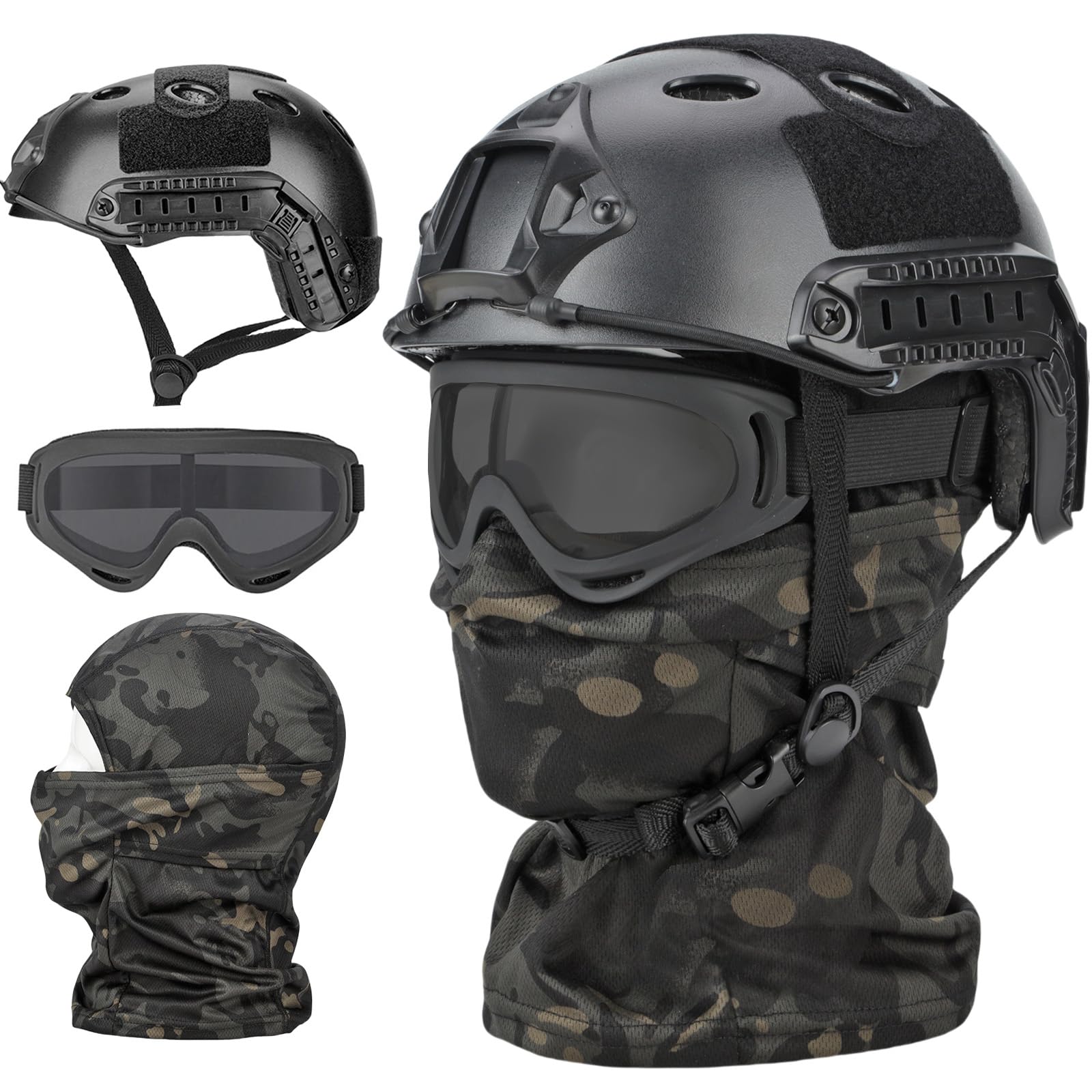 Tactical Airsoft Helmet Set - Black Military Full Face Protection with Anti-Fog Goggles, Mesh Mask & Balaclava | Perfect for Airsoft Games, Military Training & Outdoor Tactical Gear