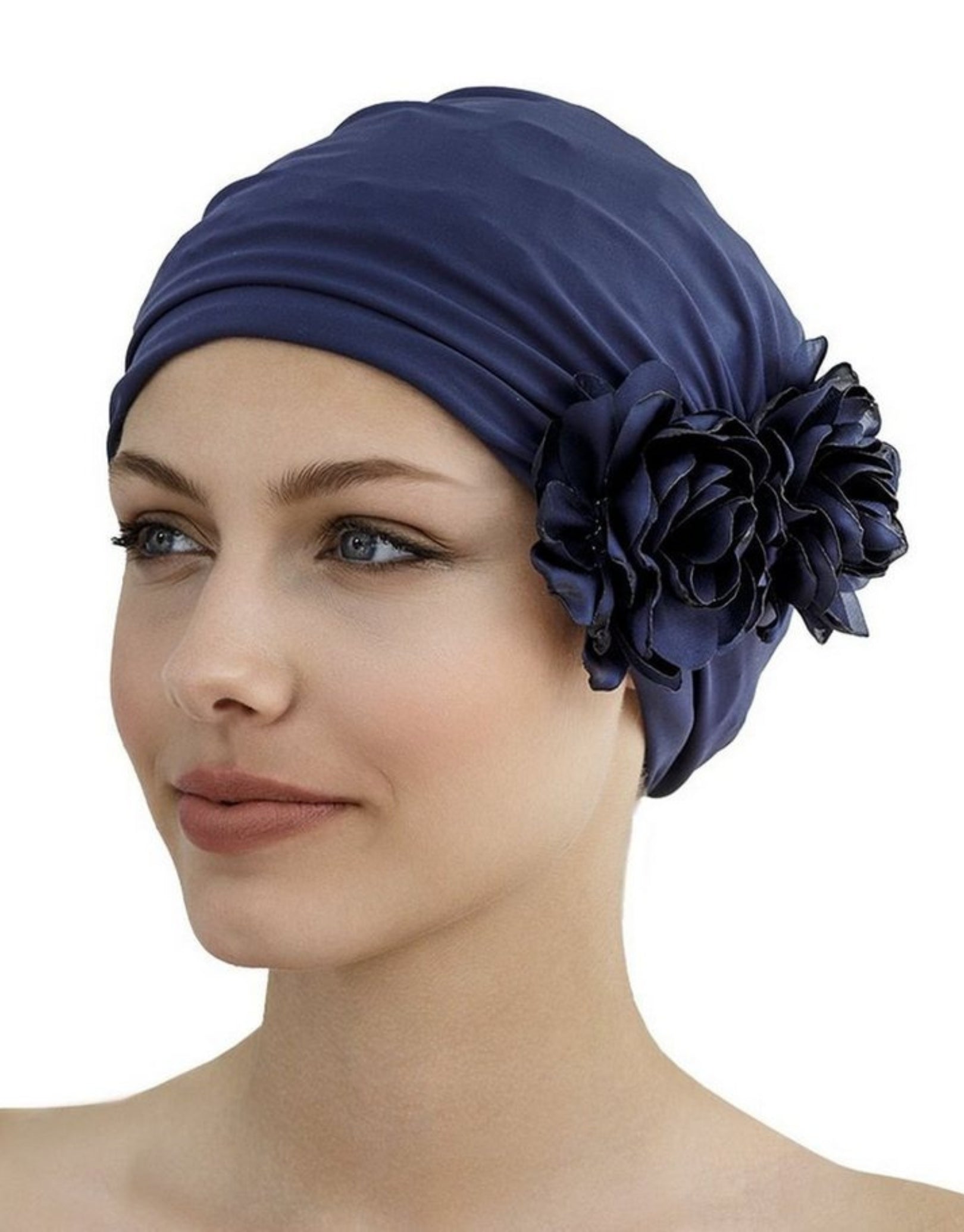 Waterproof Flower Print Swim Cap for Women & Girls - Navy Blue Fabric Swimming Hat for Pool, Beach & Training - Comfortable & Stylish Hair Protection