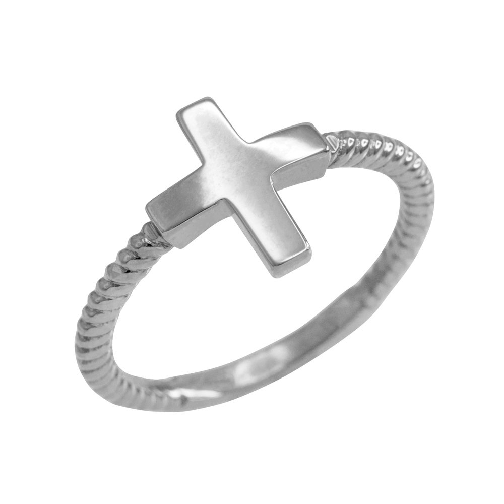 14K White Gold Twisted Rope Band Flat Top Cross Ring for Women - Elegant Religious Jewelry Gift for Christmas, Baptism & Everyday Wear