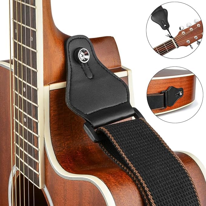 Premium PU Leather Guitar Strap with 2 Buttons & 2 Locks - Includes 3 Free Guitar Picks for Bass, Electric & Ukulele (Black) | Comfortable & Adjustable for Live Performances, Studio Recording & Practice Sessions