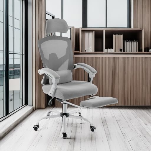 DUMOS Ergonomic High-Back Mesh Office Chair with Adjustable Footrest - Swivel Rolling Recliner with Wheels, Headrest & Lumbar Support - Comfortable Desk Chair for Home Office, Gaming, Studying (Grey) - Perfect for Long Work Hours, Online Classes & PC Gaming Sessions