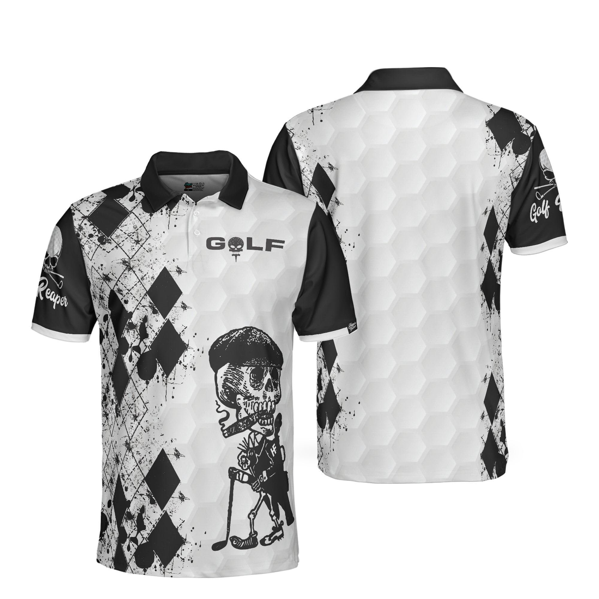 HYPERFAVOR Men's Black & White Skull Print Quick-Dry Golf Polo Shirt - Breathable Short Sleeve Performance Shirt for Golfing, Casual Wear & Outdoor Activities