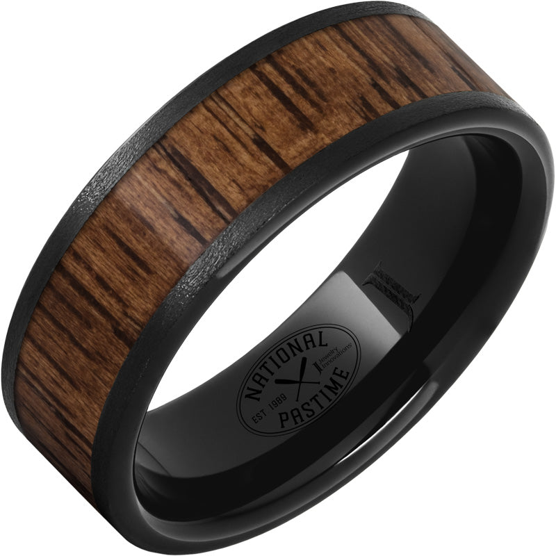 Black Diamond Ceramic Ring with Hickory Vintage Baseball Bat Wood Inlay - Stone Finish Wedding Band for Men, Perfect for Anniversary Gifts and Outdoor Enthusiasts