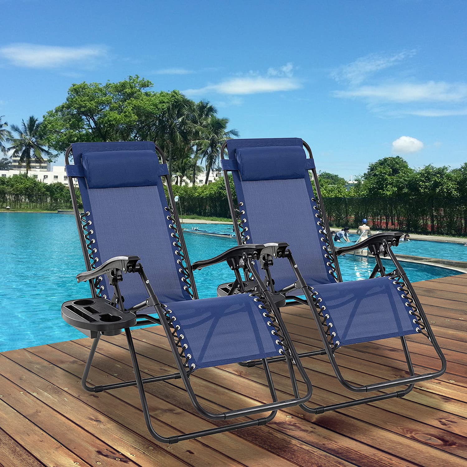 Premium Zero Gravity Lounge Chair with Adjustable Headrest & Cup Holder - 2-Piece Set for Outdoor Relaxation in Garden, Patio, Poolside or Beach (Dark Blue) - Perfect for Sunbathing, Camping & Backyard Lounging