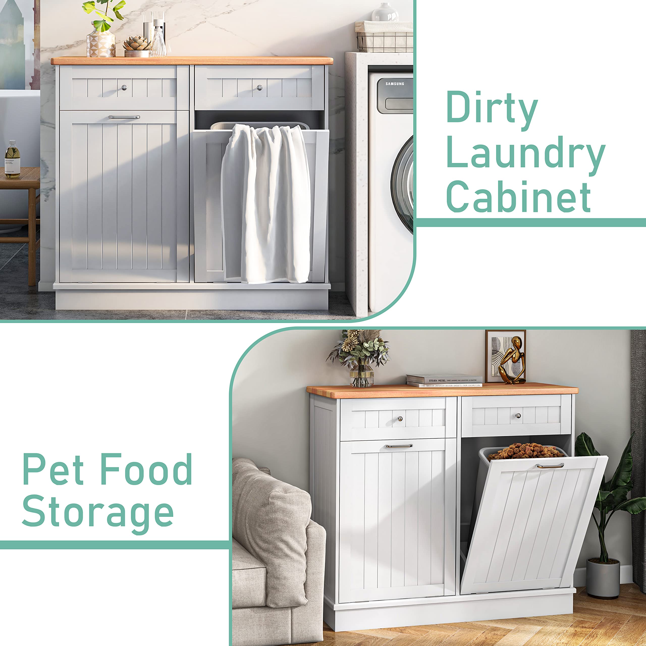 10 Gallon Double Tilt Out Trash Cabinet - Free Standing Recycling Bin for Kitchen, Living Room & Dining Room - Farmhouse Style White Trash Can with Storage - Perfect for Waste Sorting & Home Organization
