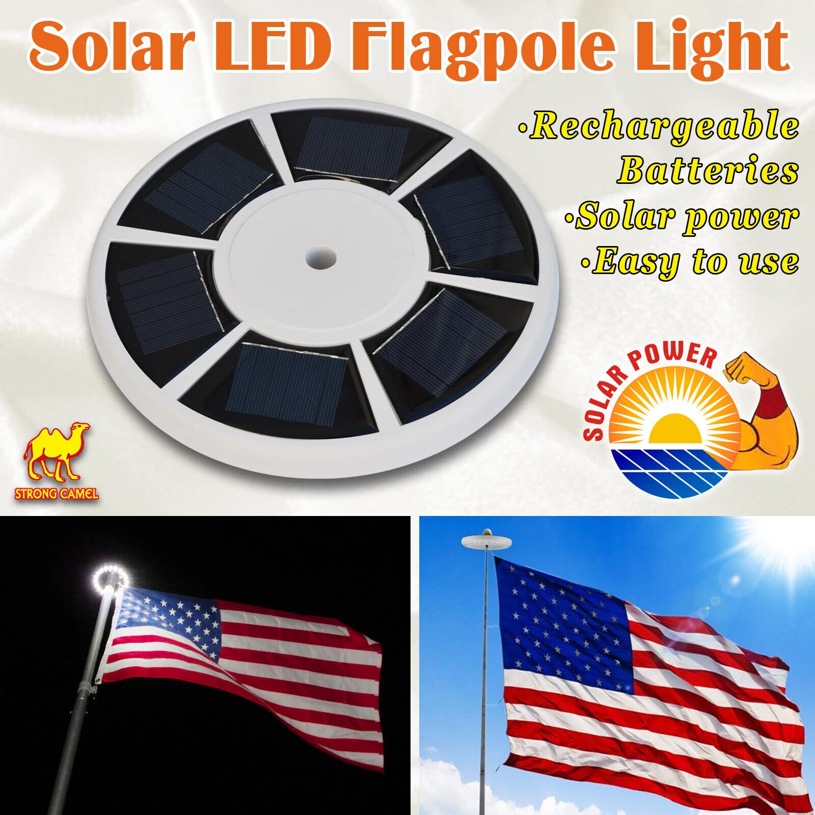 BenefitUSA 6 Solar Panels 26 LED Flag Pole Light - Super Bright White Outdoor Solar Flagpole Lighting for American Flags - Perfect for Gardens, Yards & Patriotic Displays