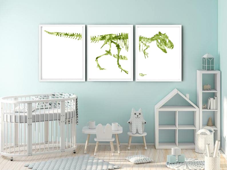 Set of 3 Green Dinosaur Skeleton Wall Art Prints - T-Rex Bones Watercolor Painting Nursery Decor (11x14 Inches) for Kids' Room, Classroom & Dinosaur Theme Party