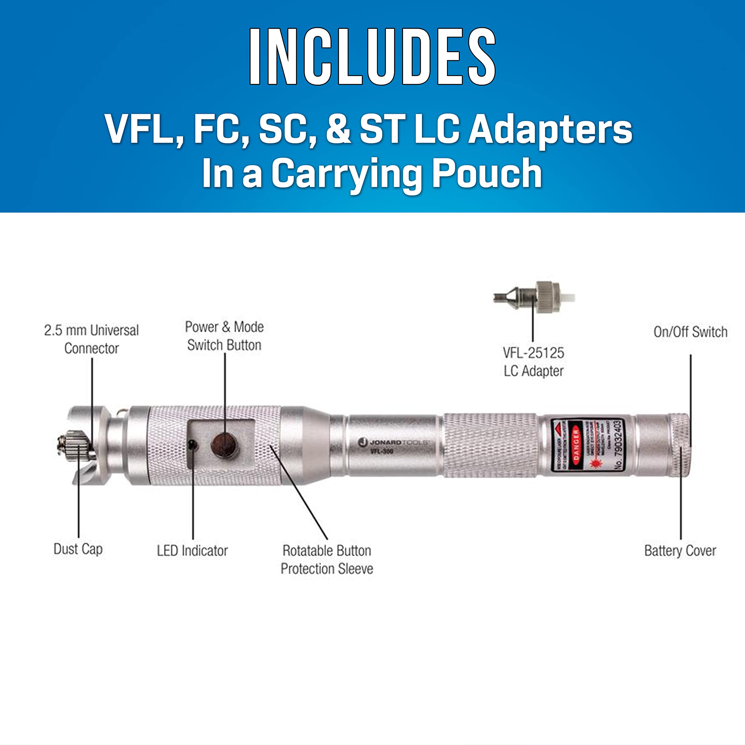 Jonard Tools VFL-300 Professional Visual Fault Locator Kit with FC/SC/ST Adapters | Fiber Optic Cable Tester for Network Installation & Maintenance | Ideal for Telecom Engineers, Data Centers & Home Networking
