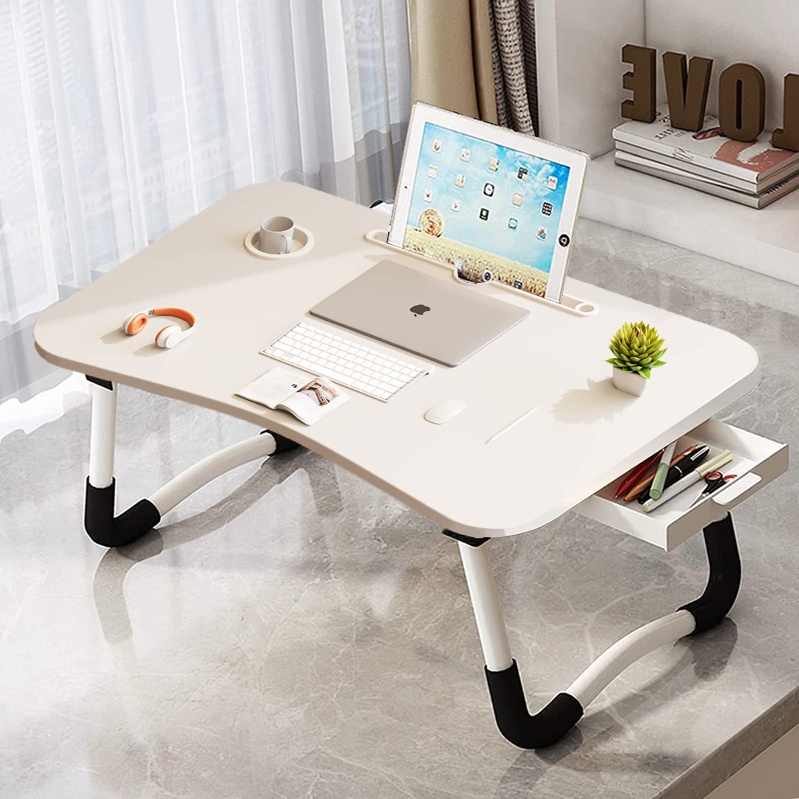 EAQ Foldable Laptop Bed Tray Table with Cup Holder, Storage Drawer & Bookshelf - Portable Work Desk for Laptop, Reading & Writing on Bed, Couch or Sofa - Perfect for Home Office, Study & Relaxation (White)