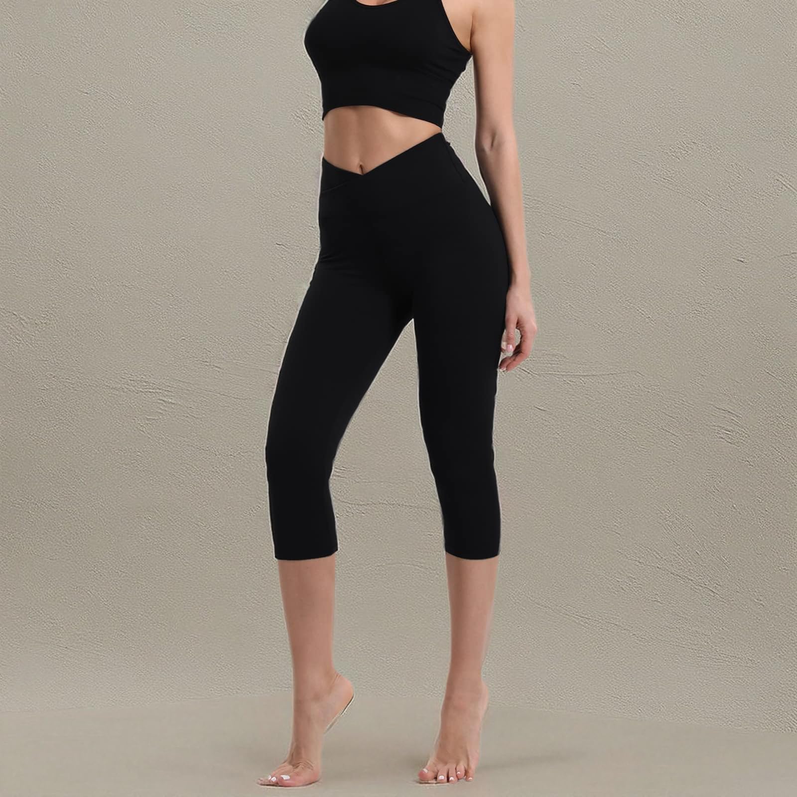 BOPOVA Women's High Waisted Capri Leggings - Navy V Crossover Waist Tummy Control Workout Yoga Pants for Women | Perfect for Yoga, Gym, Running & Everyday Wear