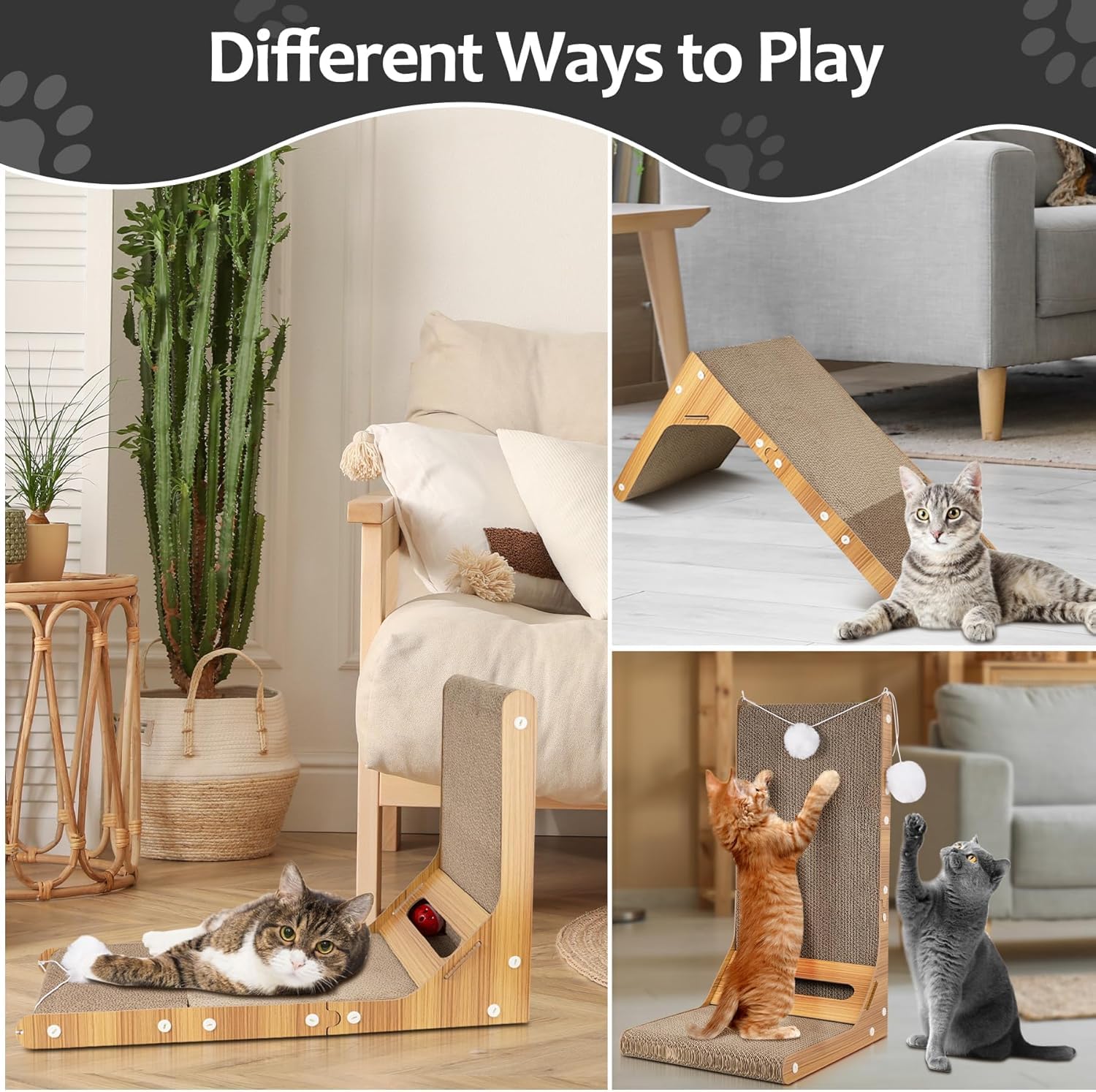 L-Shaped Cat Scratcher for Indoor Cats - Vertical Scratching Pad with 3 Ball Toys, Furniture Protector, Large Cardboard Cat Scratcher - Perfect for Playtime & Sofa Protection