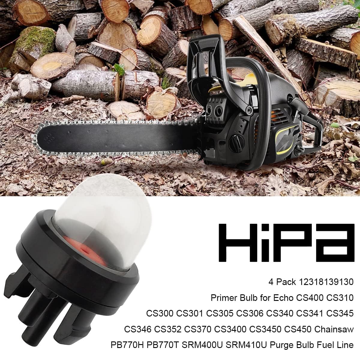 Hipa 4 Pack Primer Bulb for Echo, Husqvarna, Poulan, Ryobi, Craftsman, Stihl Chainsaws & Trimmers - Compatible with CS400, CS310, CS300, CS305, CS340, CS370, CS3400, CS3450, CS450 - Includes Fuel Line - Perfect for Lawn Mower, Weed Eater & Leaf Blower Maintenance