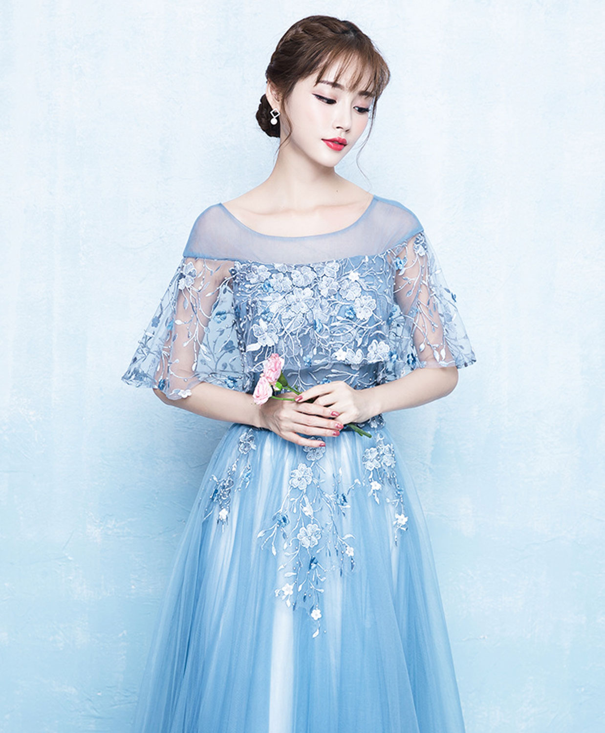 Elegant Blue Tulle Lace Long Prom Dress for Women - Formal Evening Gown for Homecoming, Wedding, Ball Gown & Special Occasions