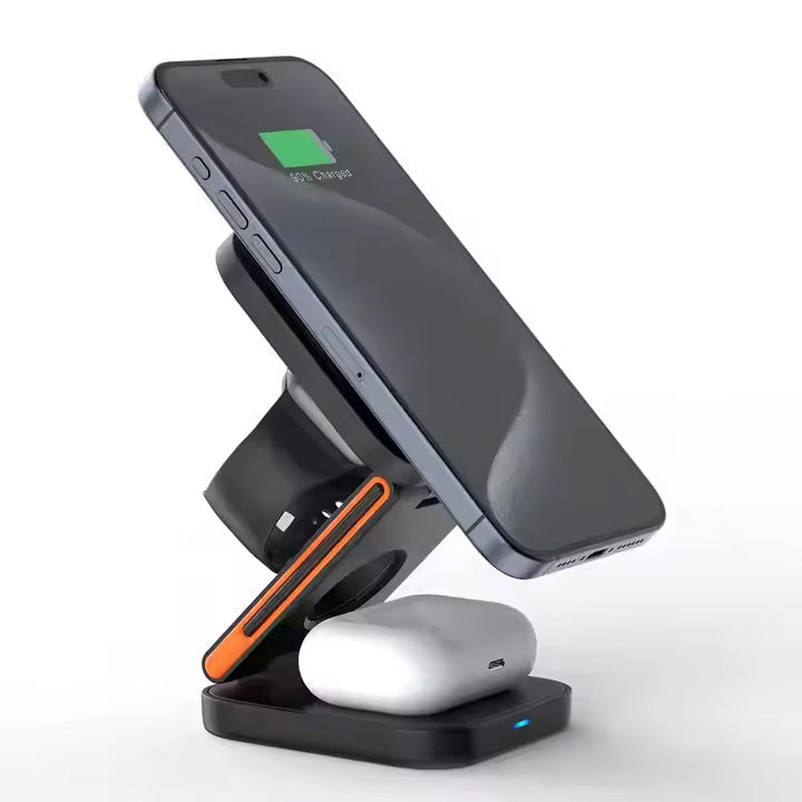 3-in-1 Foldable Magnetic Wireless Charger Stand for iPhone 12/13/14/15 Pro Max, Samsung Galaxy S23/S22/S21 - Fast Qi Wireless Charging Pad with Multi-Device Support | Perfect for Home, Office & Travel