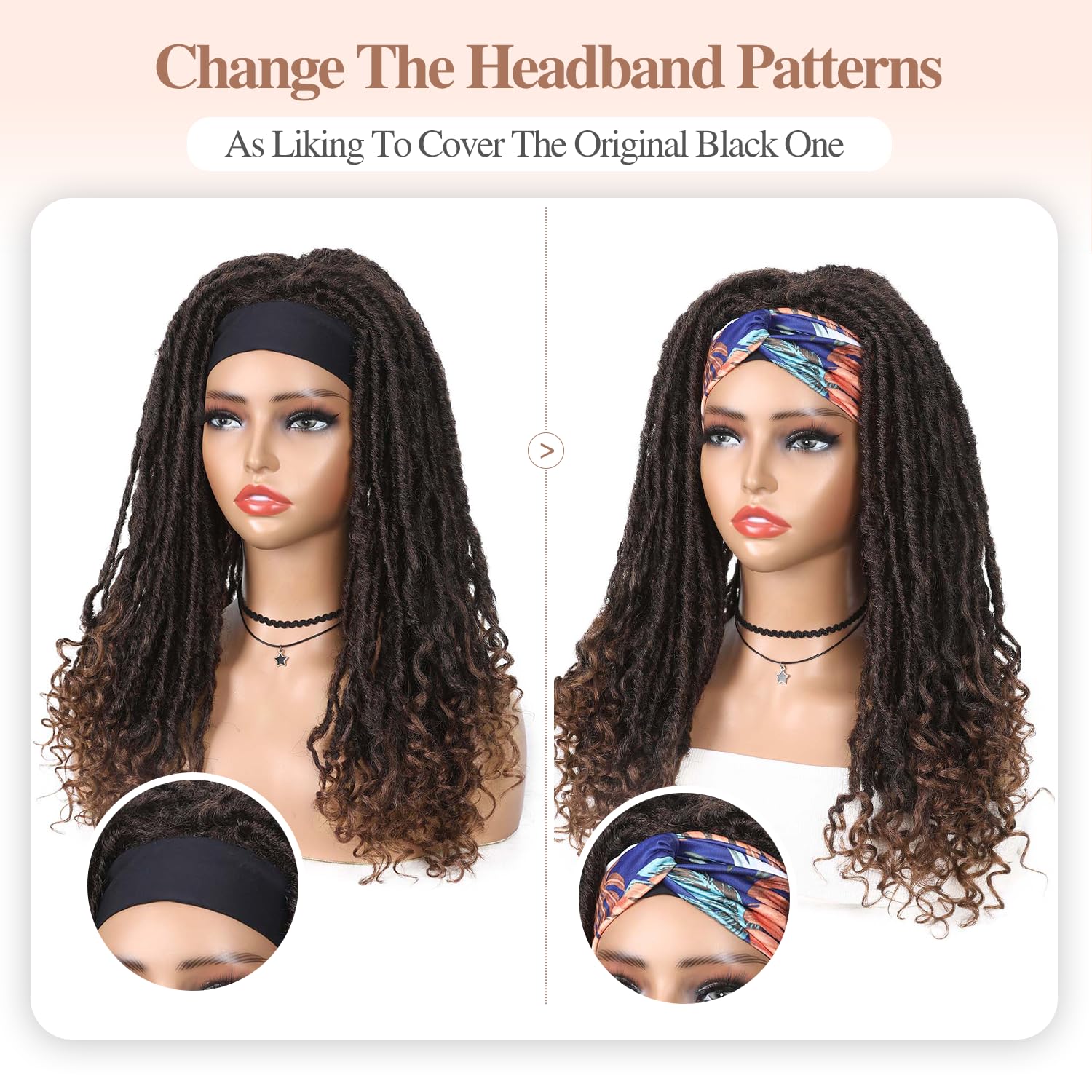 WIGER Headband Dreadlock Wigs - Goddess Locs Crochet Hair Ombre Brown Faux Locs Rolls Twist Wigs for Black Women - Hand Braided Crochet Twist Wigs (1B/30) - Perfect for Protective Styling, Cosplay & Everyday Wear