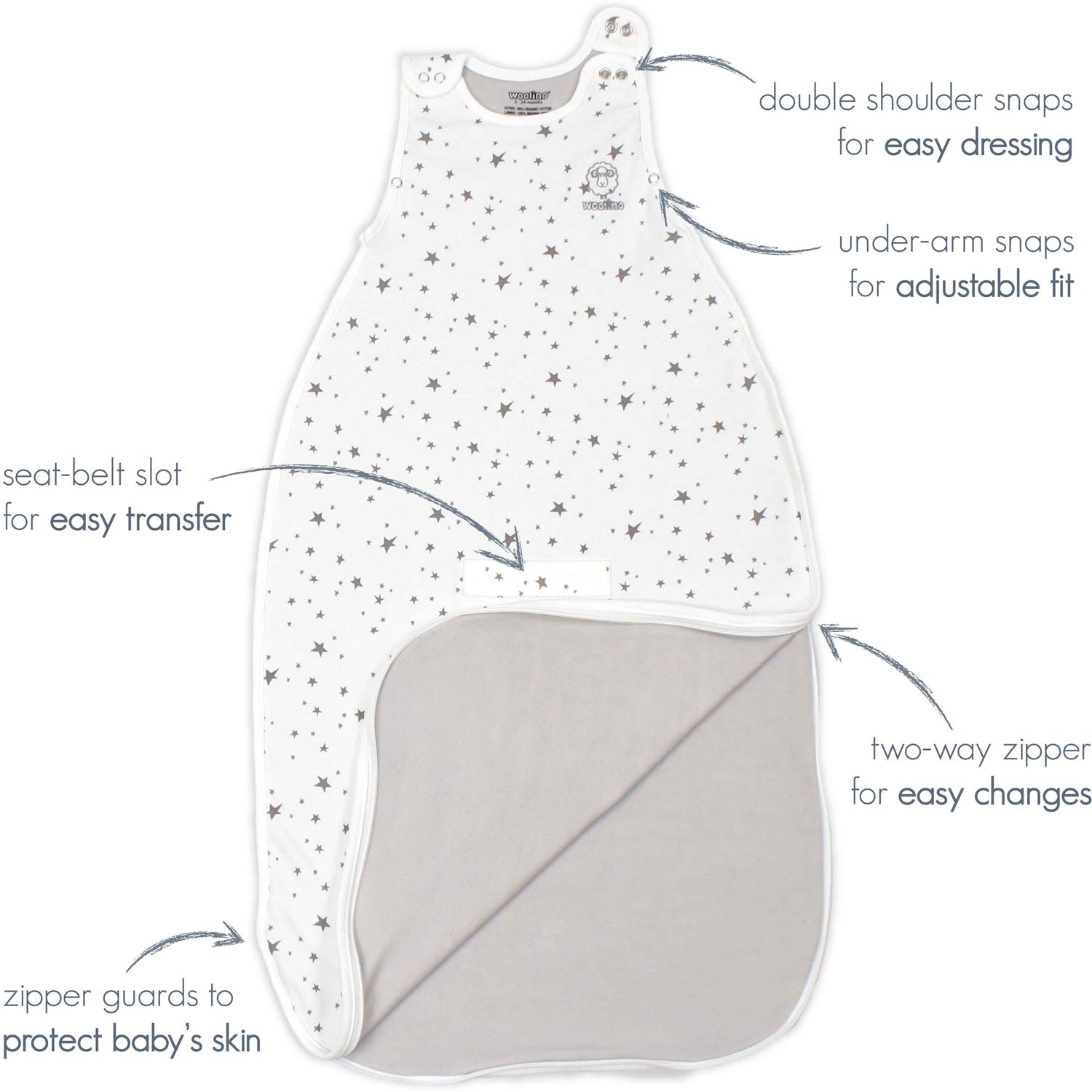 Woolino 4 Season Baby Sleep Sack - Organic Cotton & Merino Wool Sleeping Bag for Infants 2-24 Months | Adjustable Universal Size with Two-Way Zipper | Perfect for Nursery, Daycare & Travel | Panda Design