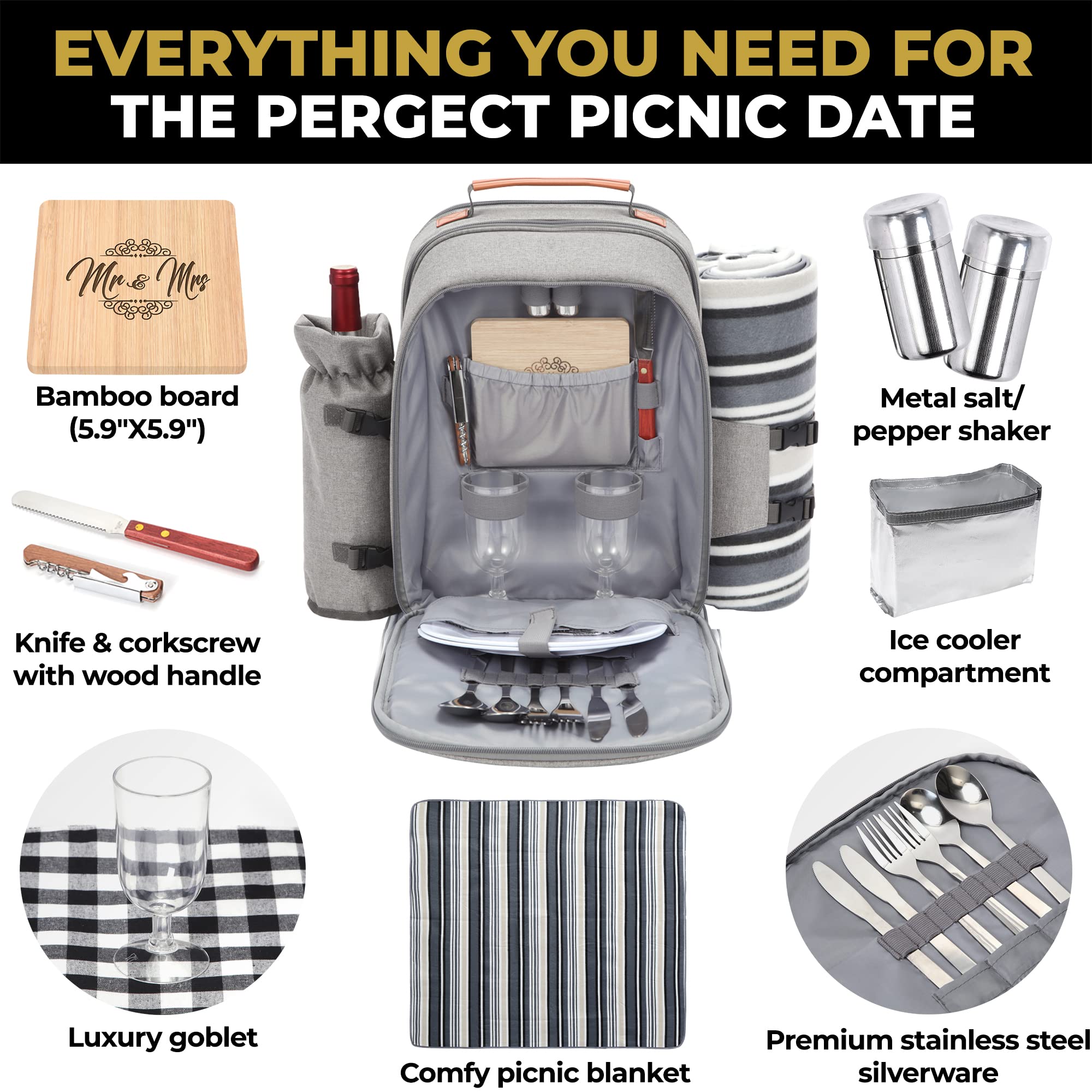 DELUXY Insulated Picnic Backpack for Couples - Wedding Gift Set for Bride & Groom, Honeymoon Essentials, Anniversary Present for Newlyweds | Perfect for Outdoor Dates, Beach Picnics & Romantic Getaways