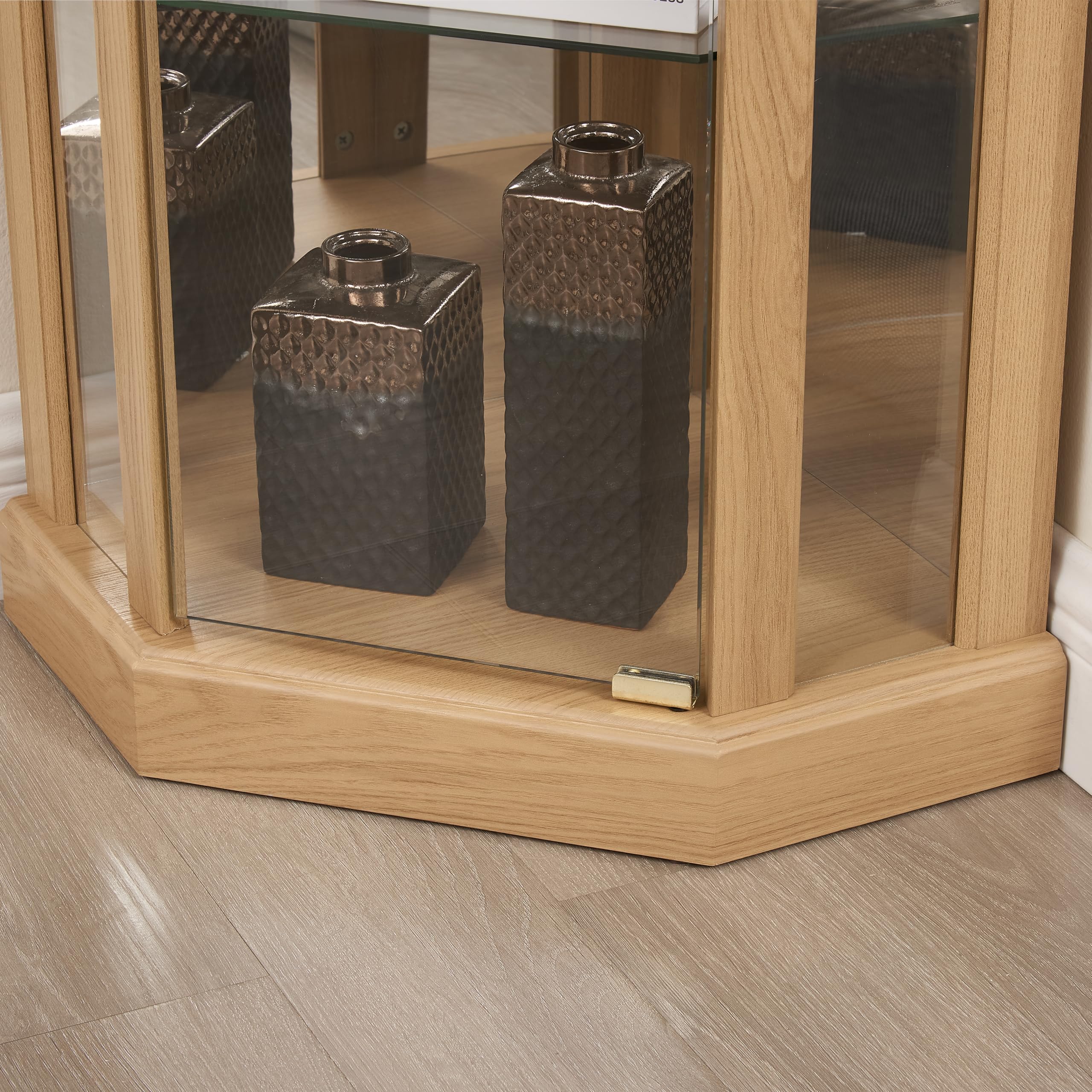 Corner Curio Cabinet with LED Lights - Glass Display Case for Living Room, Antique & Wine Collection Storage - Light Oak Finish - Perfect for Home Decor, Barware Display & Collectibles Showcase