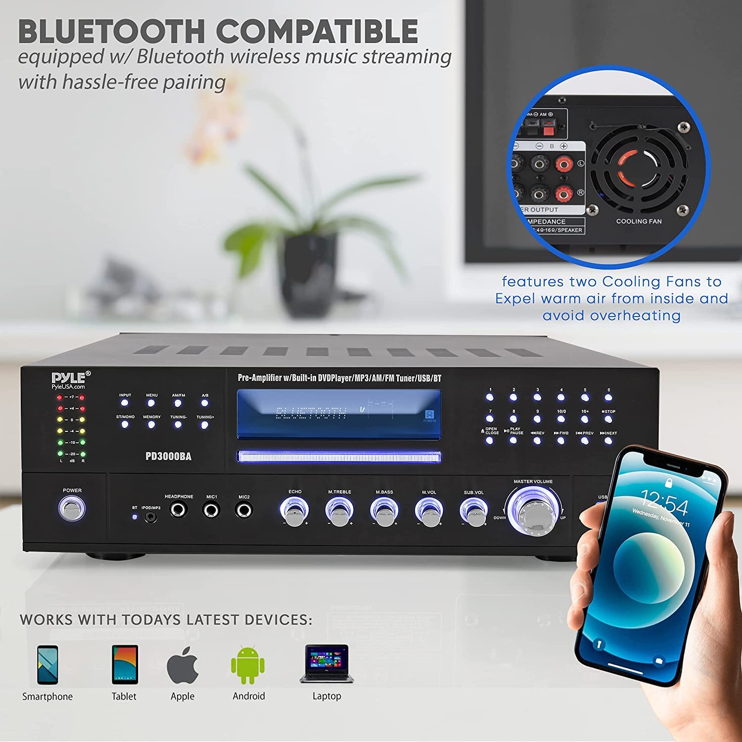 Pyle 4 Channel Wireless Bluetooth Amplifier - 3000W Peak Power Stereo Home Audio Receiver with FM Radio, USB, 2 Mic Inputs with Echo, HDMI & 24-Bit Decoder, Front-Loading CD/DVD Player, LED Display, Rack Mountable - Perfect for Home Theater, Karaoke Parties, and Professional DJ Setups