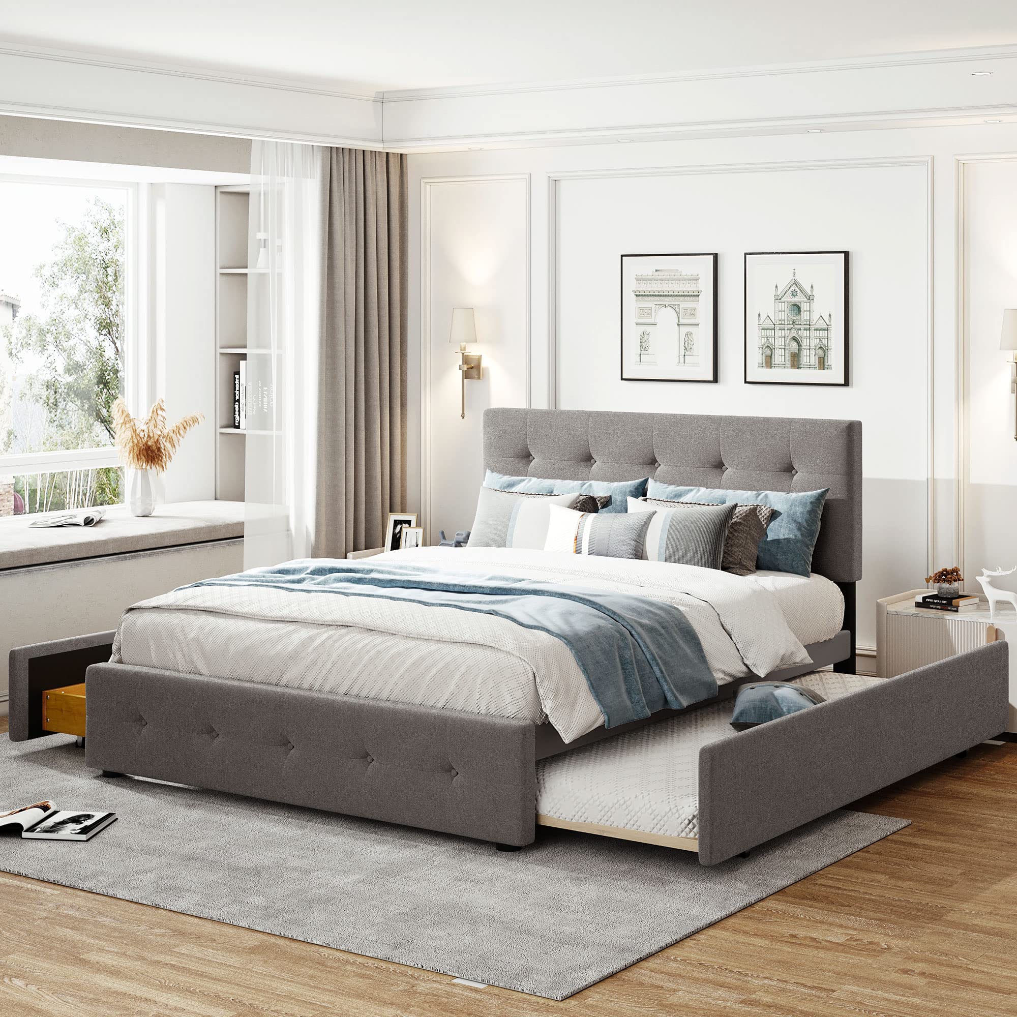 Queen Upholstered Storage Bed with Wooden Platform & Twin XL Trundle - Light Grey Button Tufted Headboard | Space-Saving Bedroom Solution for Small Spaces & Guest Rooms