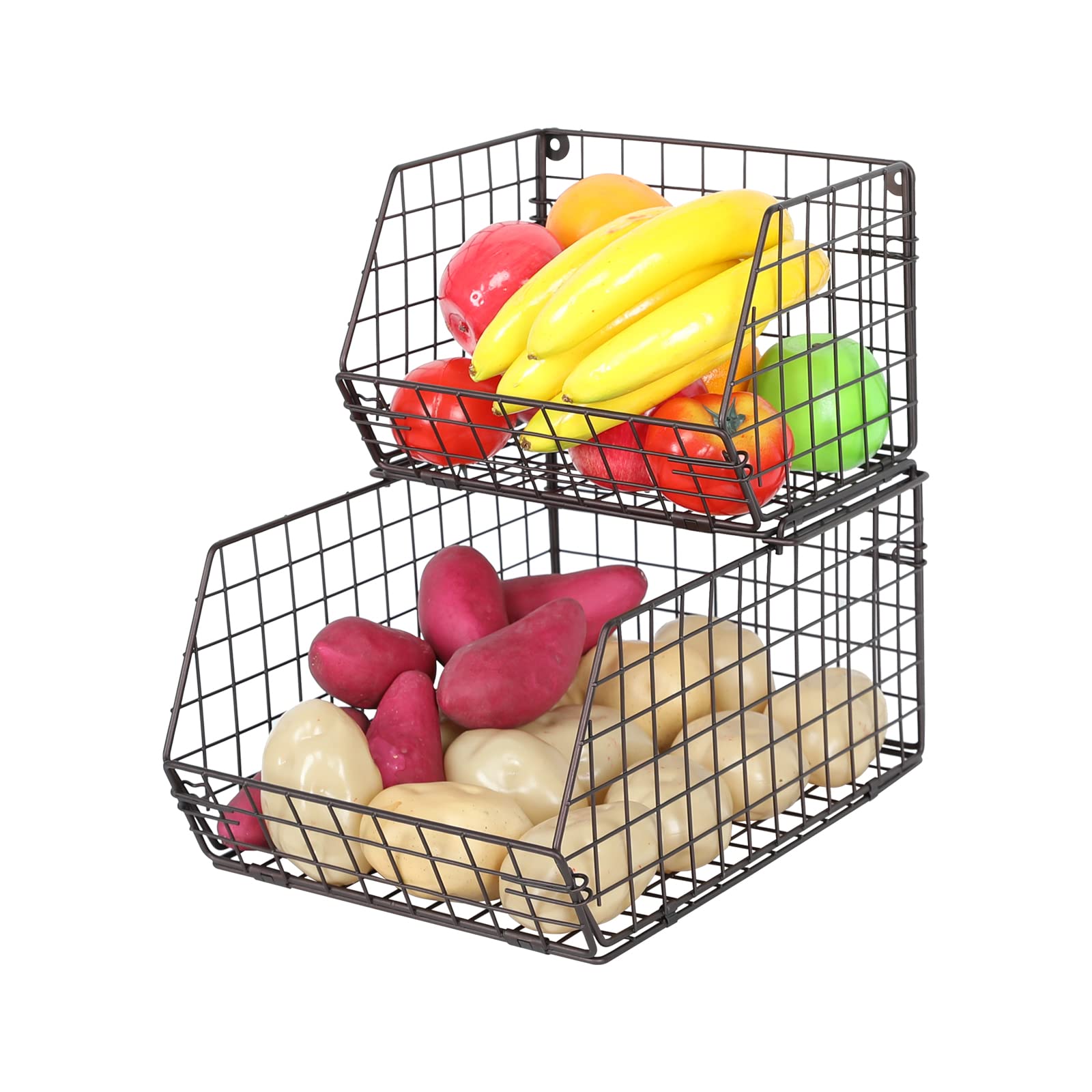 2-Tier Stackable Wire Storage Basket for Fruits, Vegetables, Potatoes & Onions - Countertop Organizer for Snacks, Canned Foods & Kitchen Storage (Brown) - Perfect for Pantry, Kitchen Counter & Farmhouse Decor