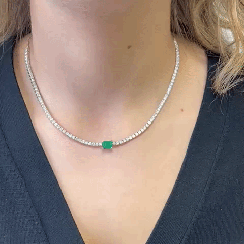14K Gold Halfway Diamond Tennis Necklace with 7.50ct Emerald Cut Gemstone - 2mm 4-Prong Setting for Women | Perfect for Weddings, Anniversaries & Special Occasions