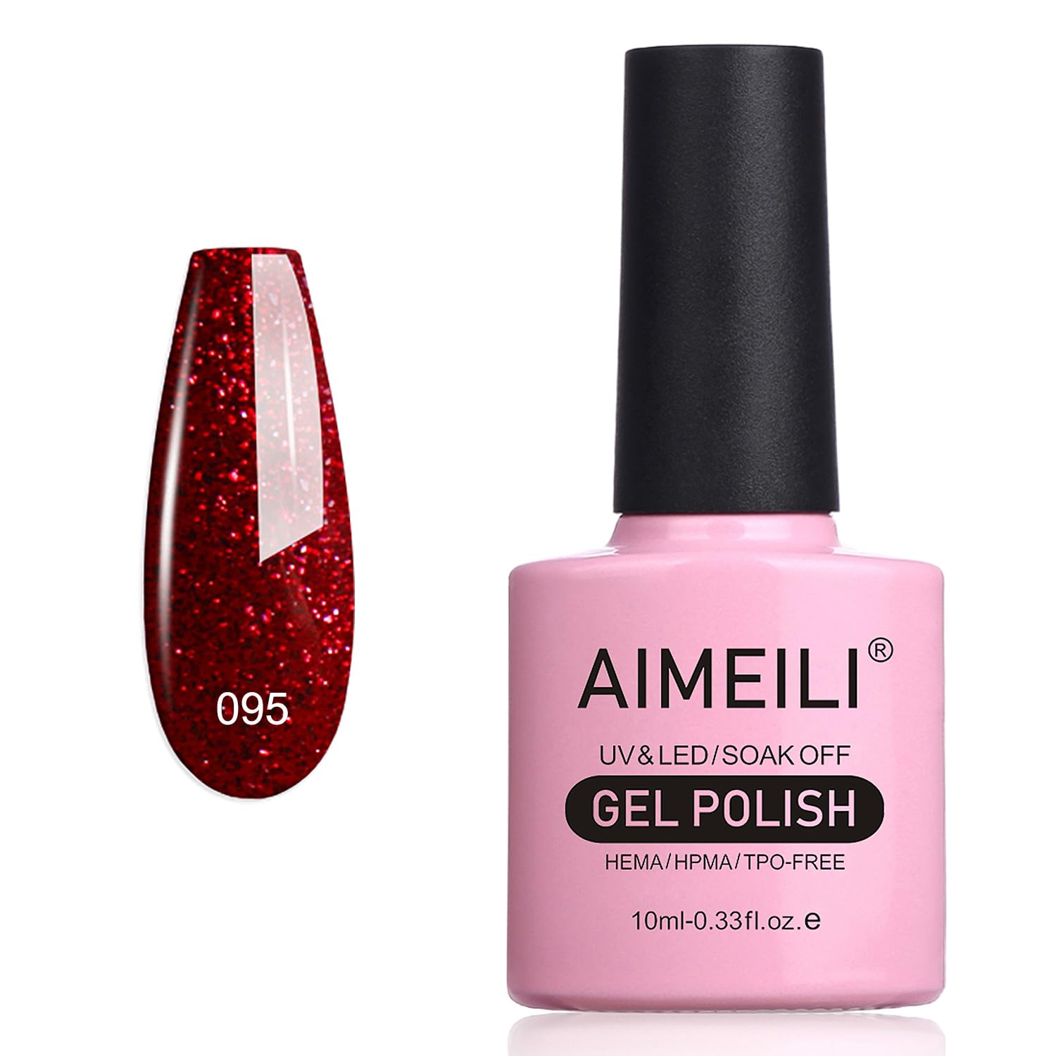 AIMEILI Soak Off UV LED Red Glitter Gel Nail Polish - Heart Break Red (095) 10ml | Long Lasting Glitter Nail Polish for Manicures, Pedicures & Nail Art | Perfect for Parties, Weddings & Special Occasions
